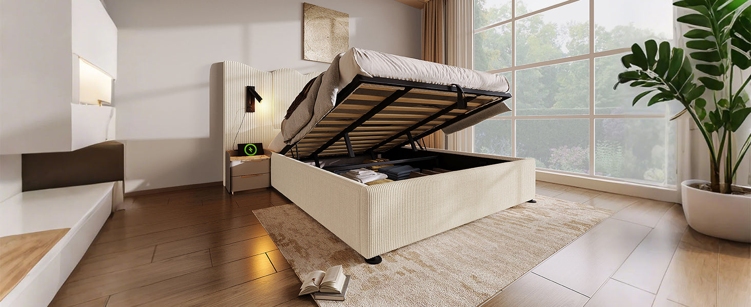 Logidon gestoffeerd bed tweepersoonsbed 180x200 beige-wit leeslamp USB-C opladen