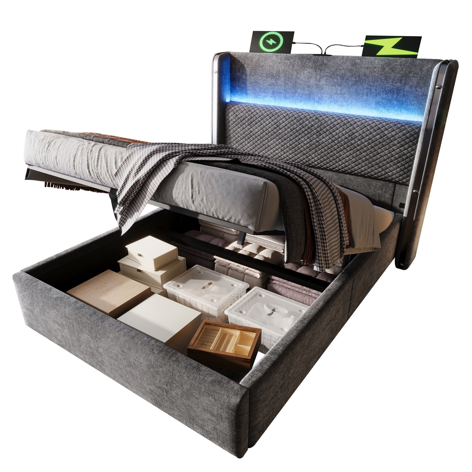 Logidon hydraulisch bed 90x200 grijs linnenlook met opbergruimte LED