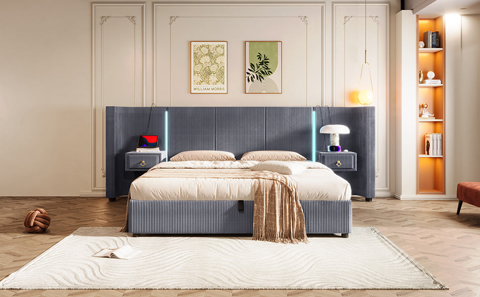 Logidon upholstered bed 180x200 cm gray velvet with LED strip storage space