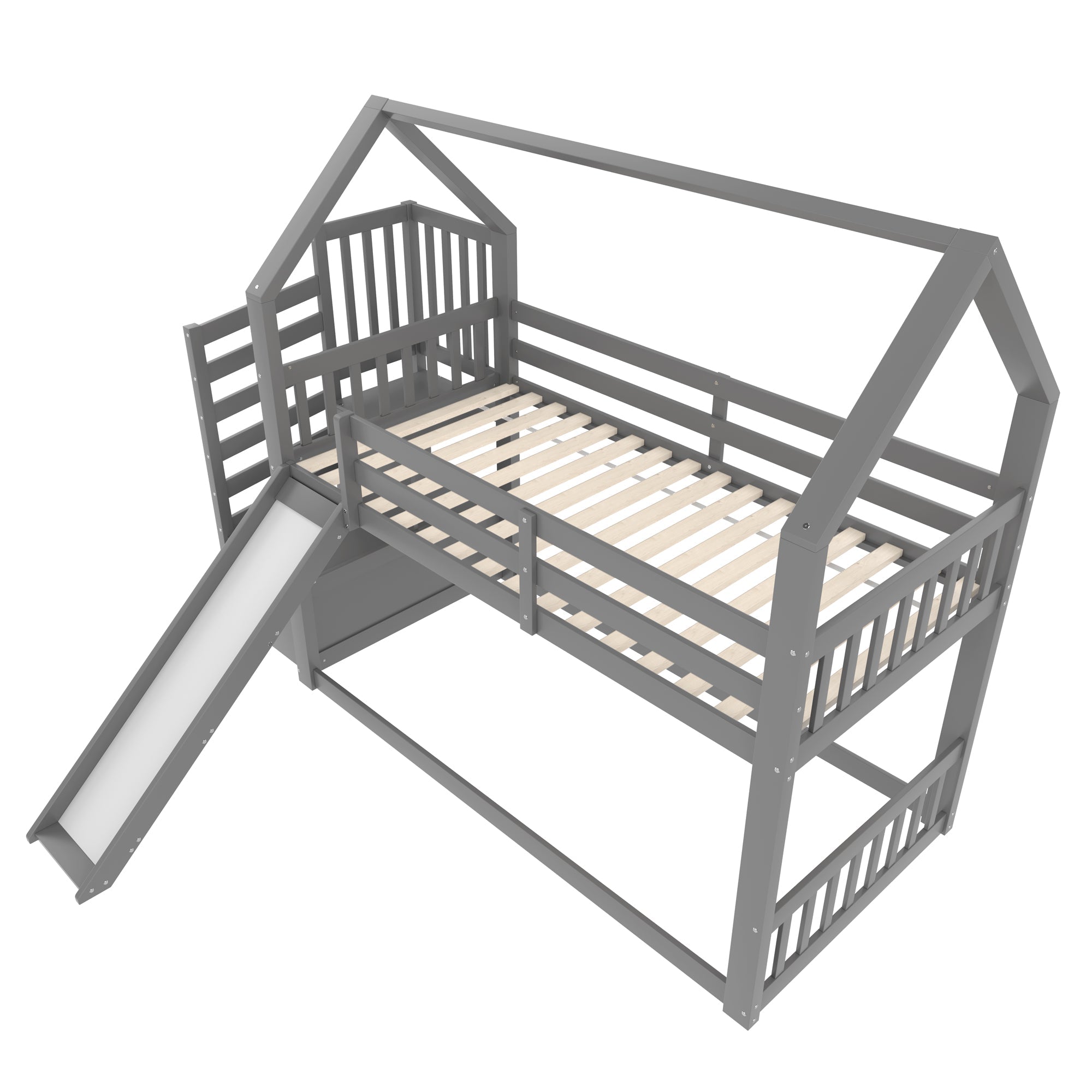 Logidon stapelbed grijs 90x200 met opbergtrap en glijbaan