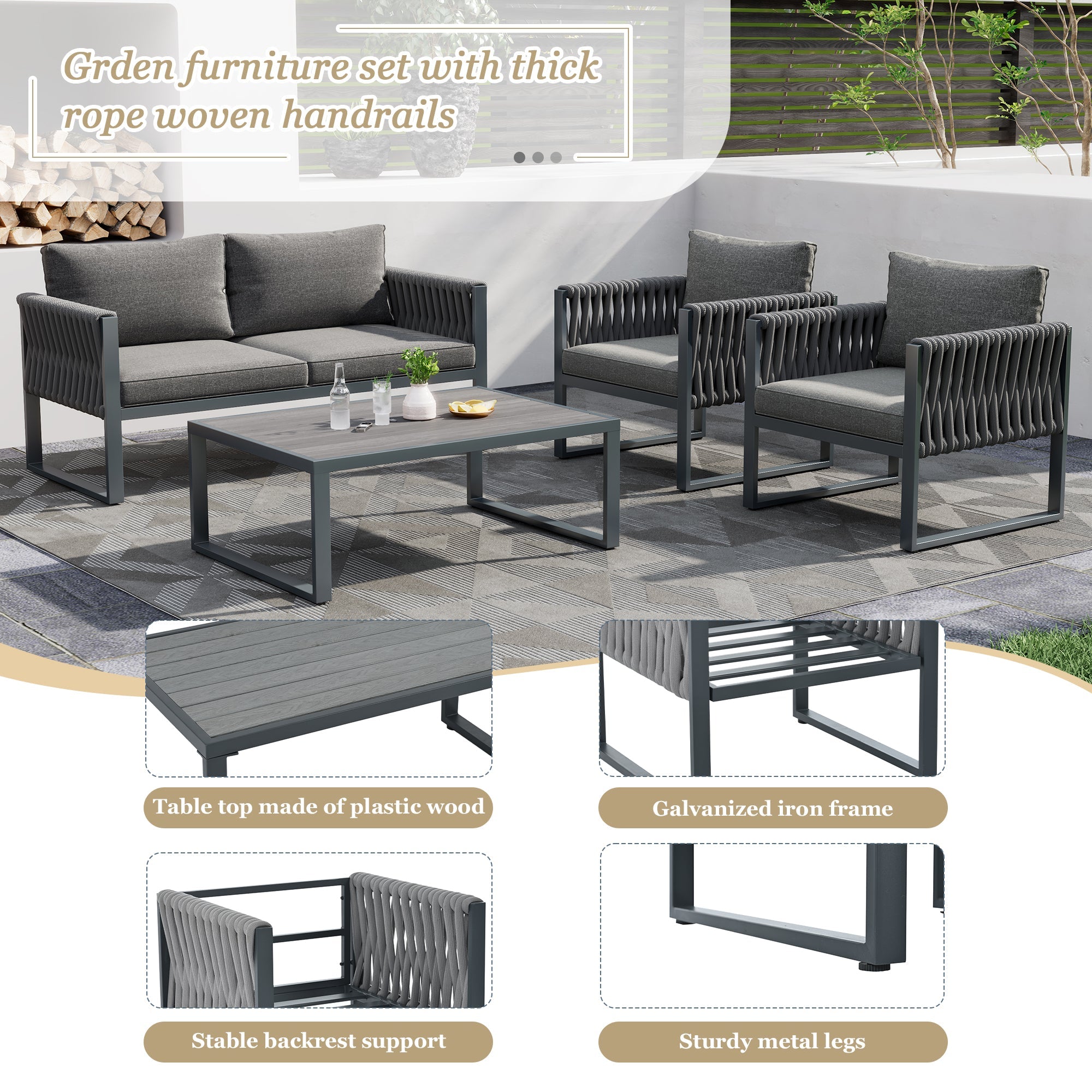 Logidon Tuinloungeset Grijs Touw met Gegalvaniseerd Ijzeren Frame Set van 4