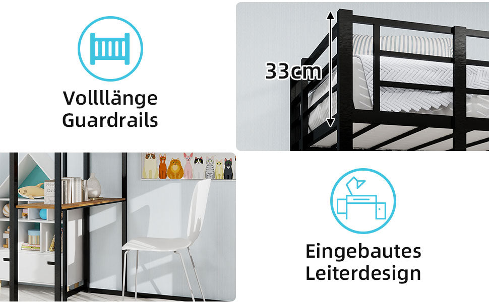 Logidon ijzeren framebed met L-bureau en trap zwart