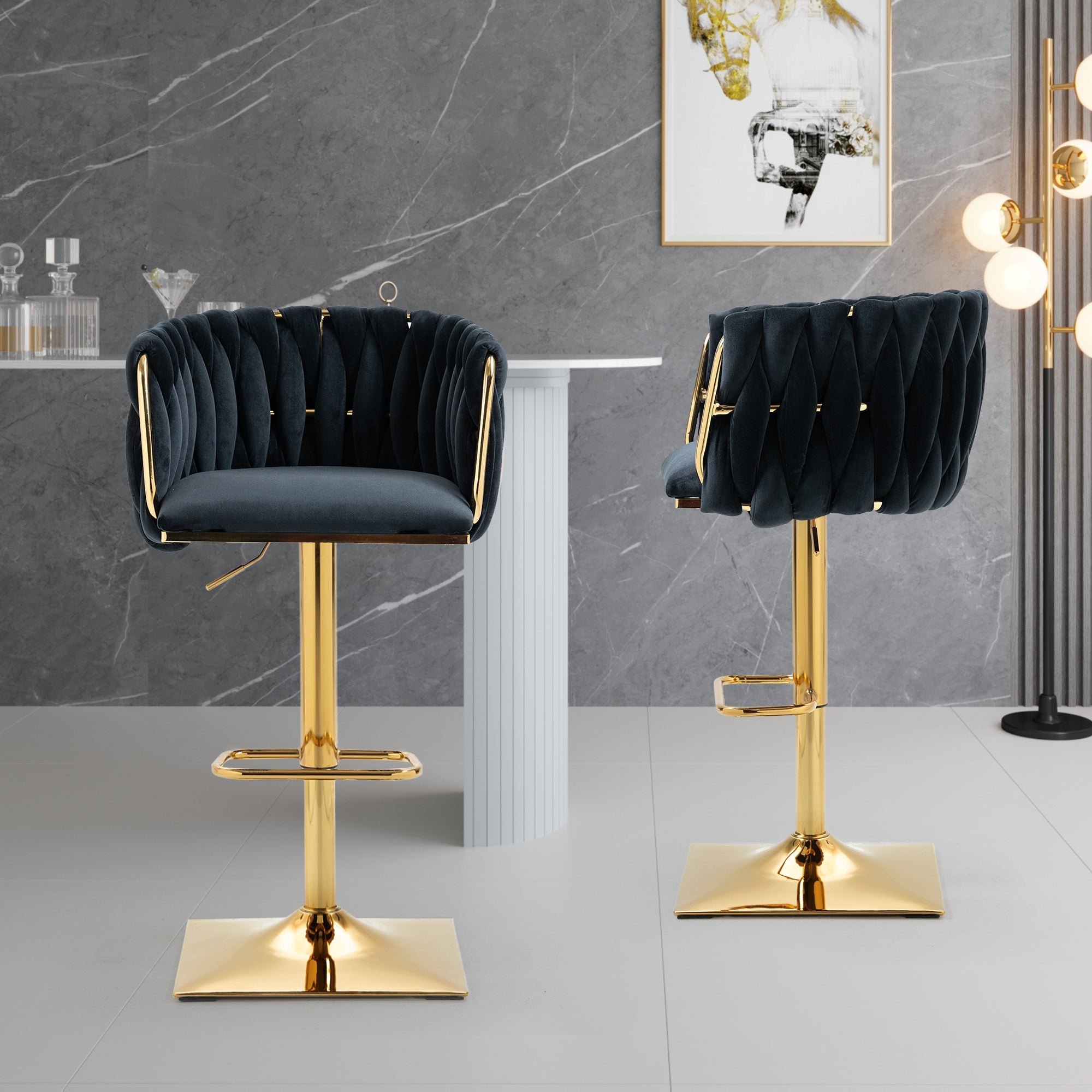 Logidon Vintage Bar Stool Velvet Black Adjustable Height Rotatable