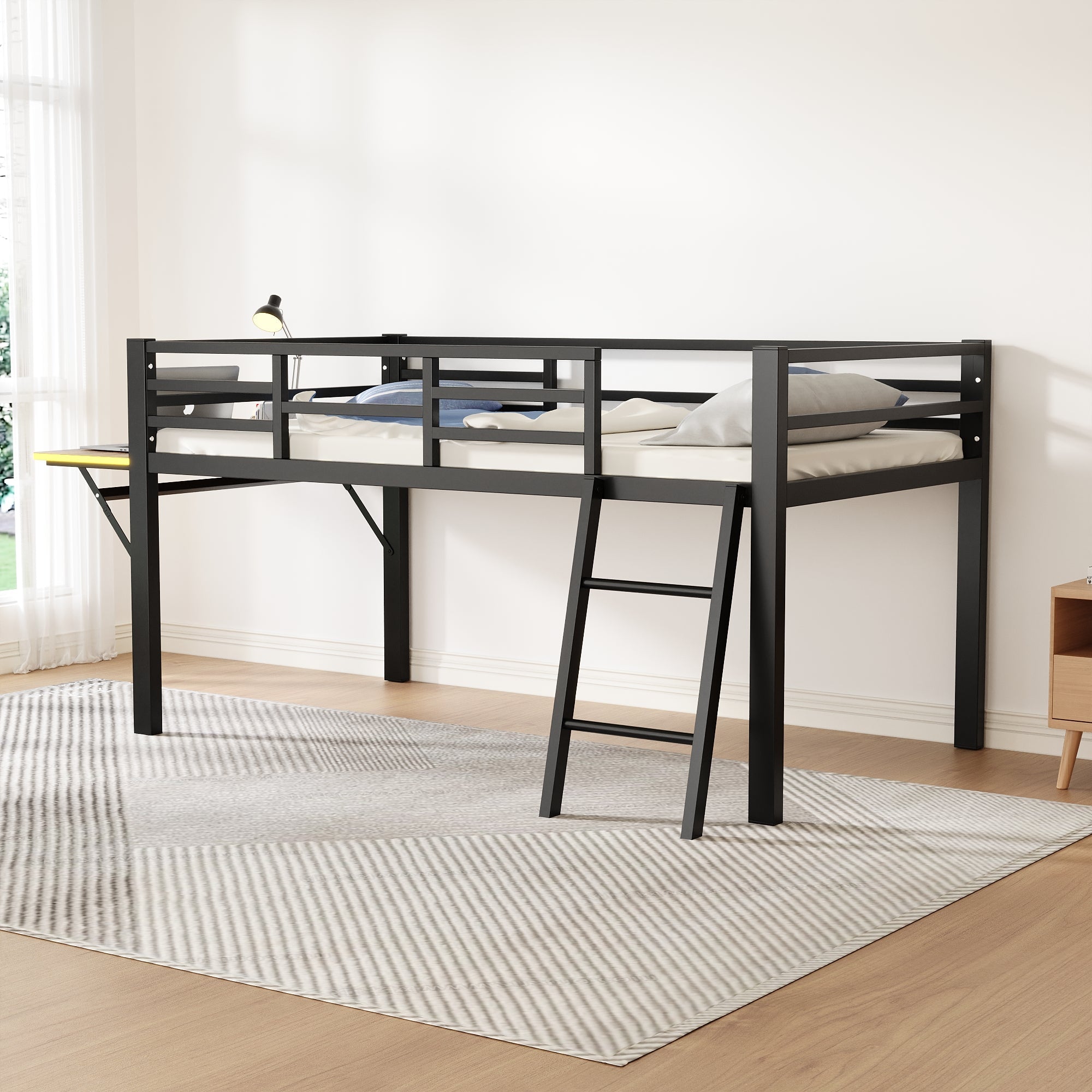 Logidon hoogslaper 90x200 zwart met bureau en LED-lichtstrip