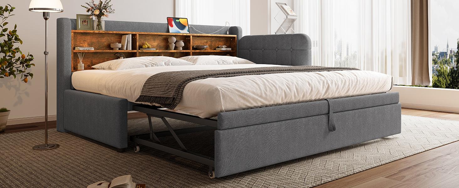 Logidon Daybed 90x200cm grijs linnen uitschuifbare slaapbank USB Type C