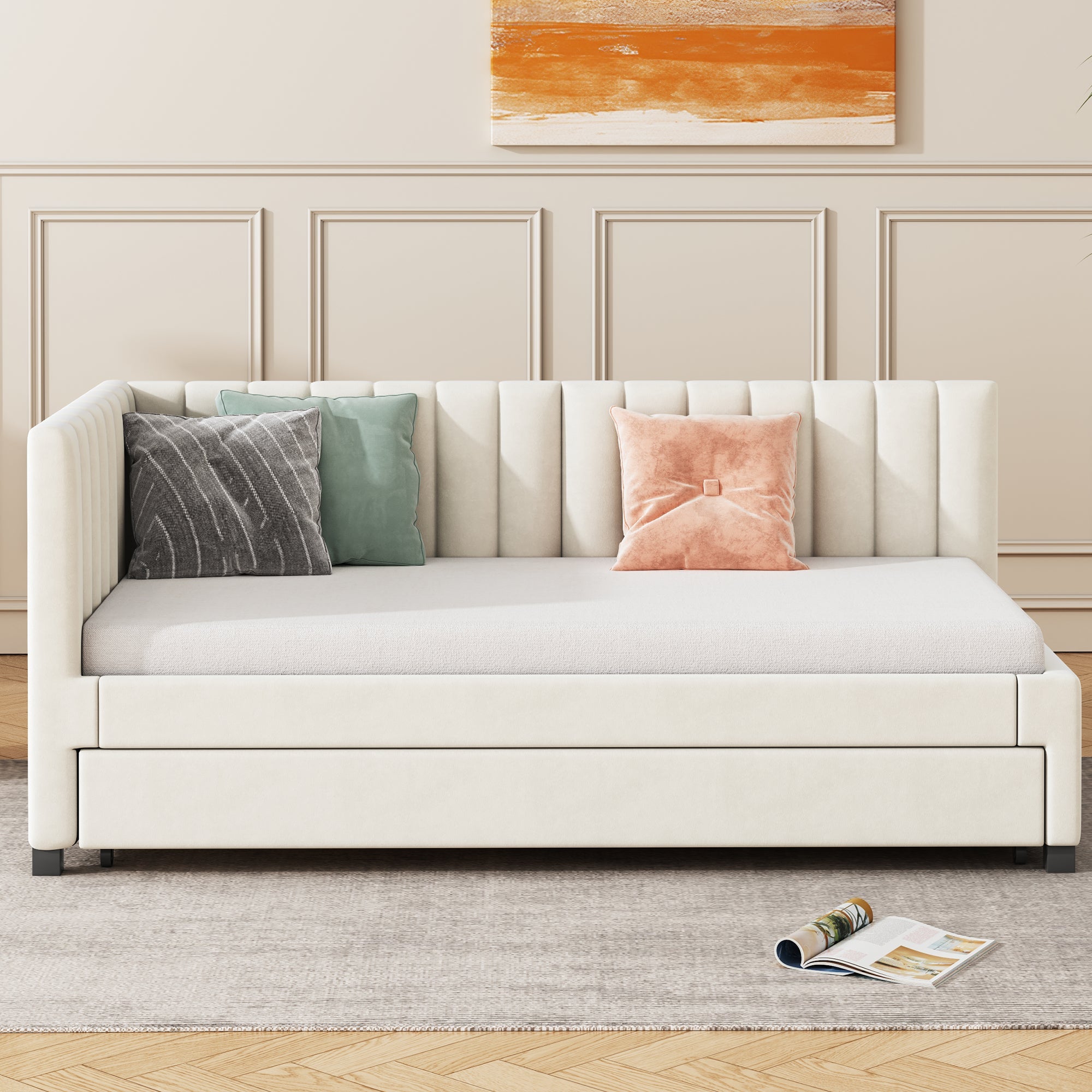 Logidon gestoffeerd bed 90x200 beige fluwelen stof uitschuifbare slaapbank