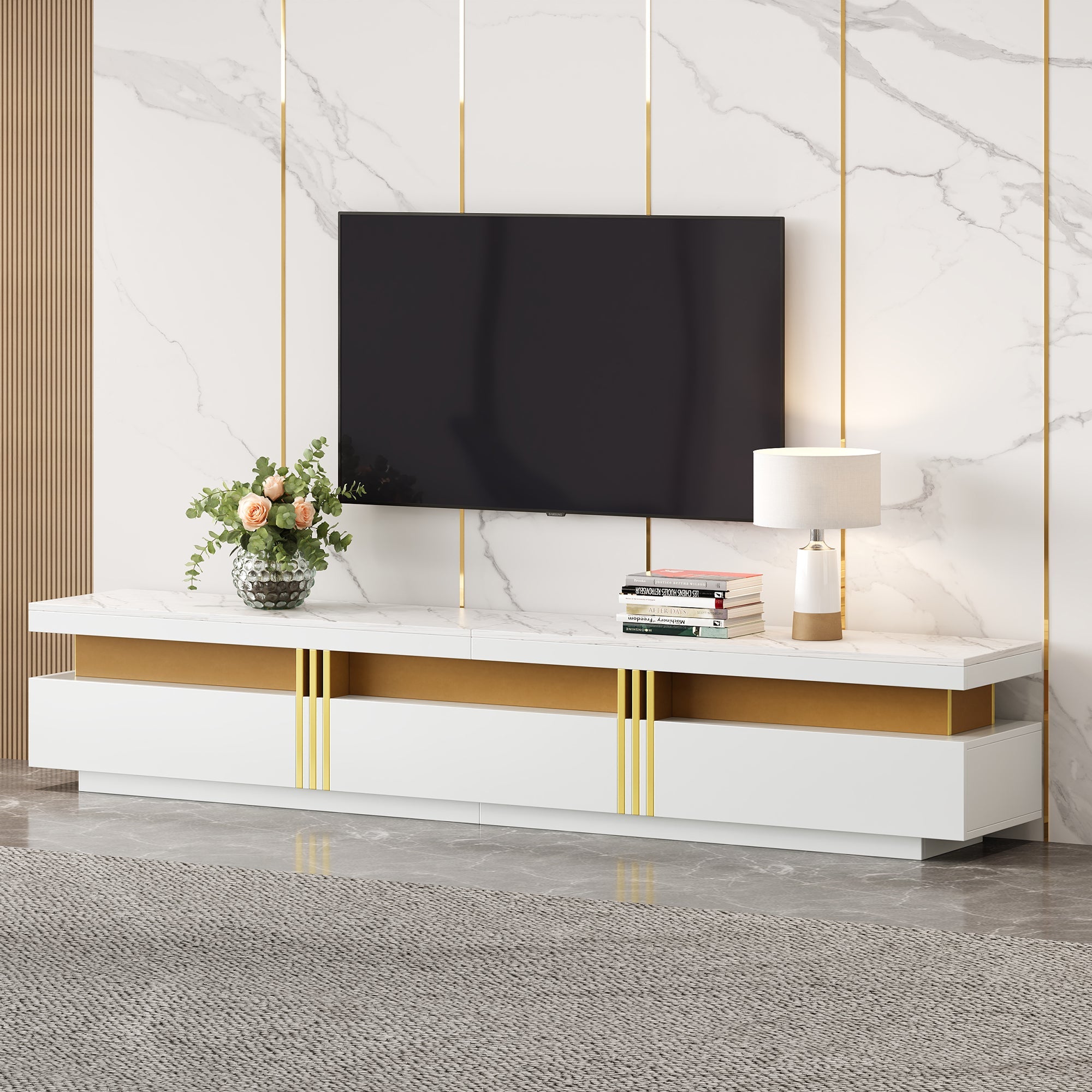 Logidon TV-meubel 200 cm marmerlook drie lades kabelmanagement