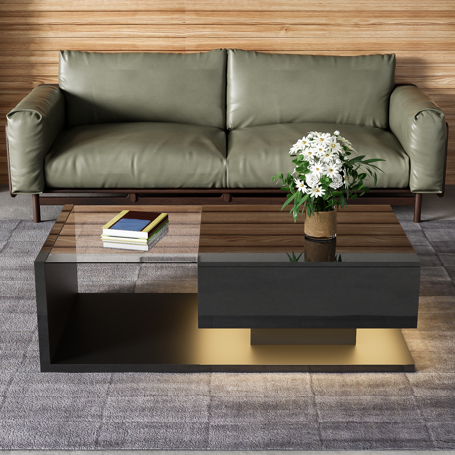 Logidon salontafel hoogglans zwart met glas en LED effect 105 cm