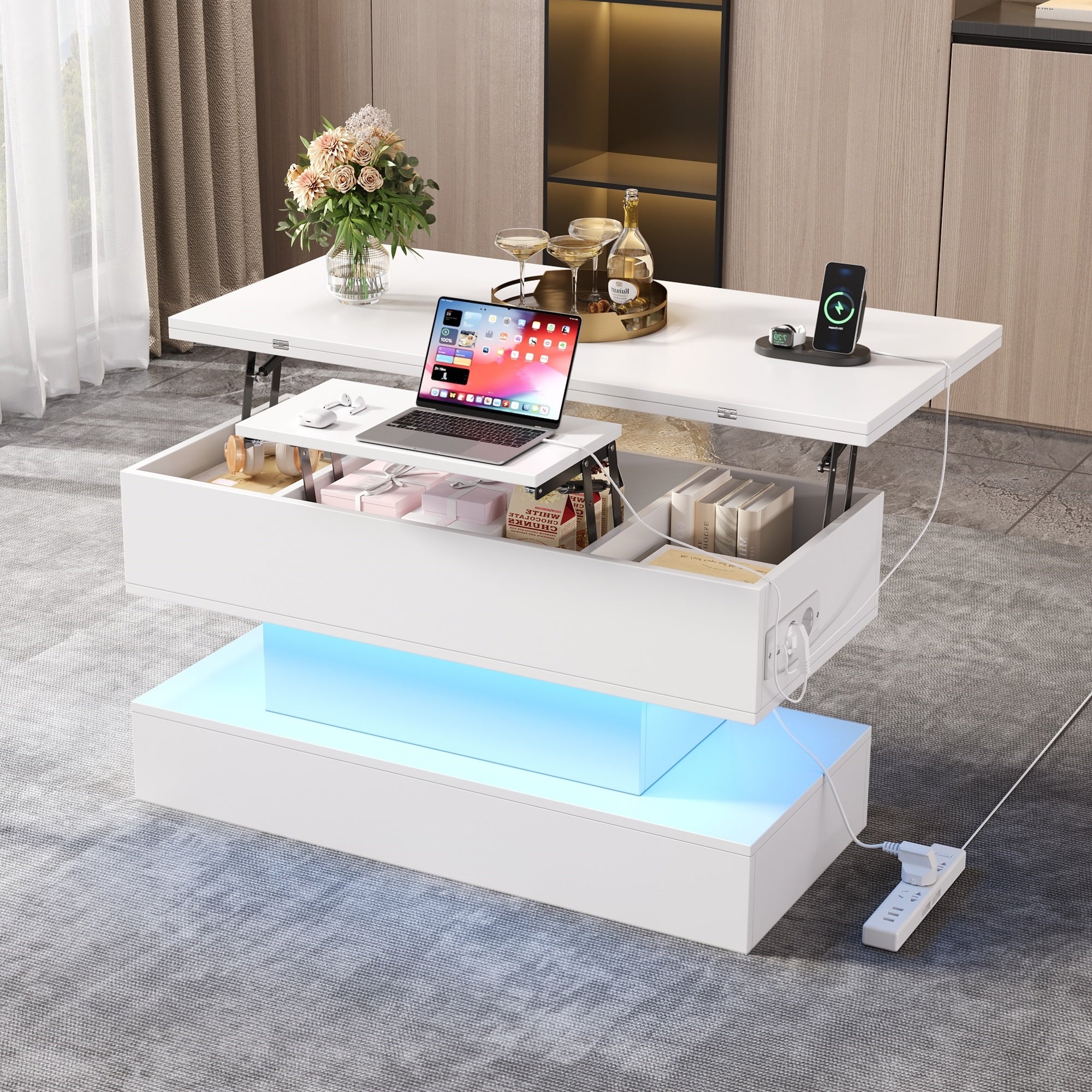 Logidon salontafel met USB-C oplaadaansluiting en LED-licht, in hoogte verstelbaar