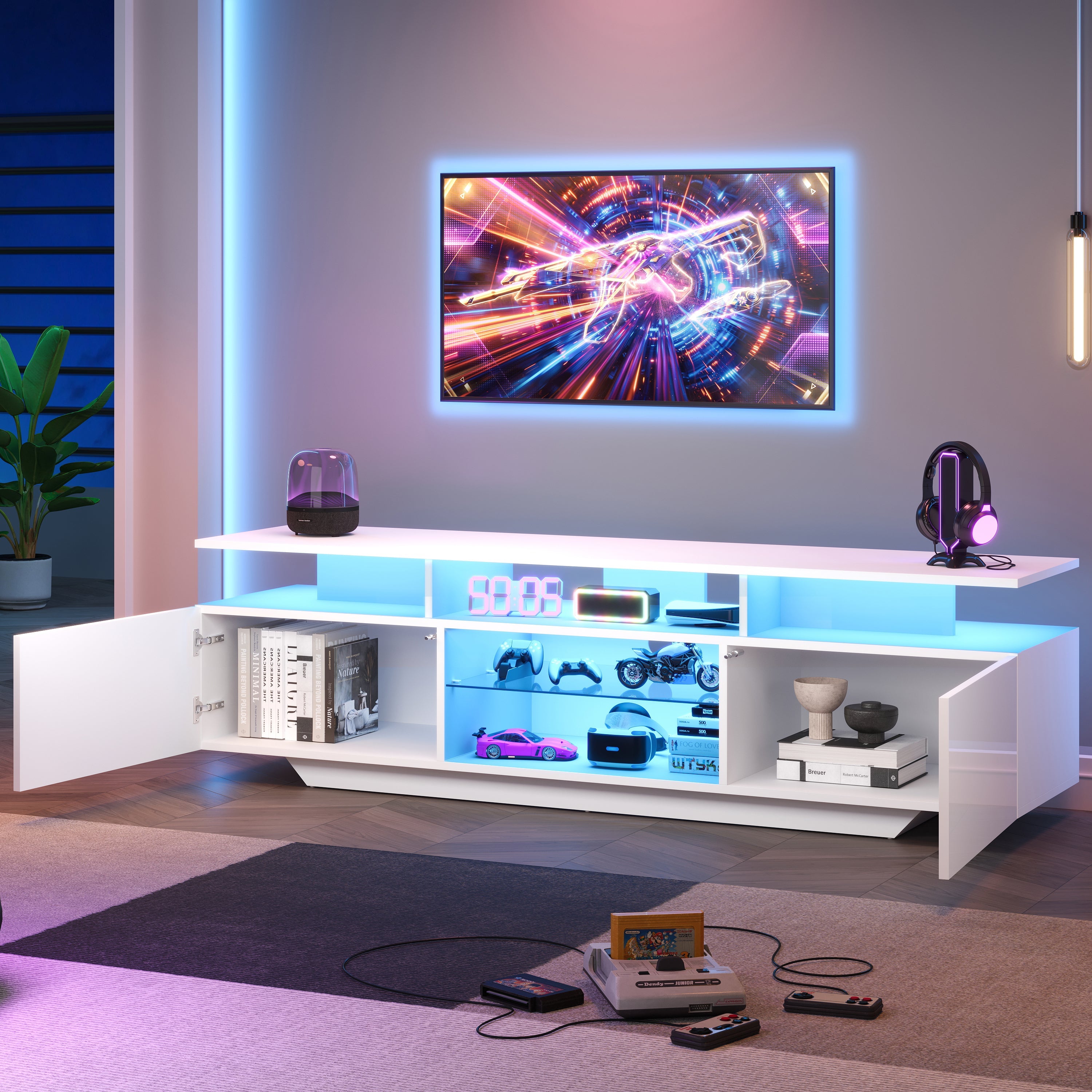 Logidon TV-meubel hoogglans wit 160 x 40 x 45 cm met LED lichtstrip glasplanken