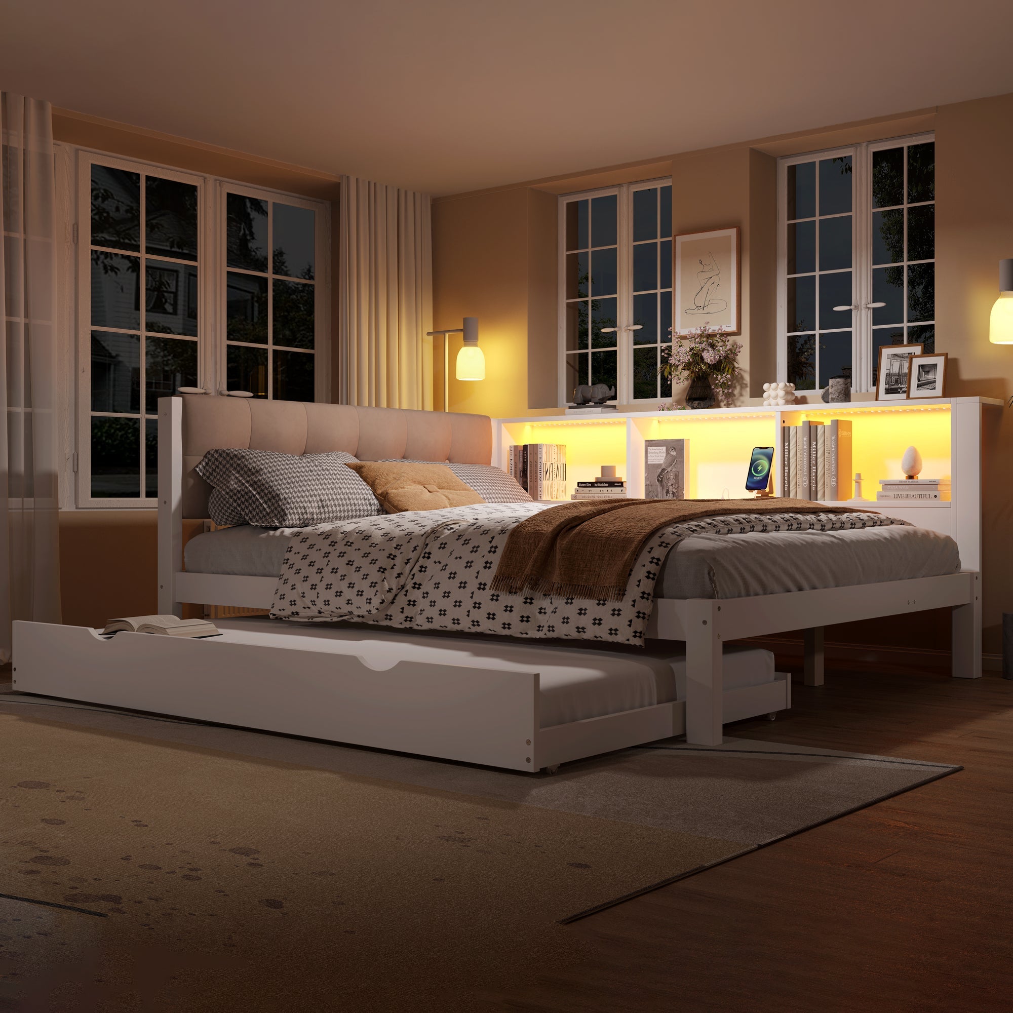 Logidon daybed wit 140x200 CM met uitschuifbaar bed LED-verlichting