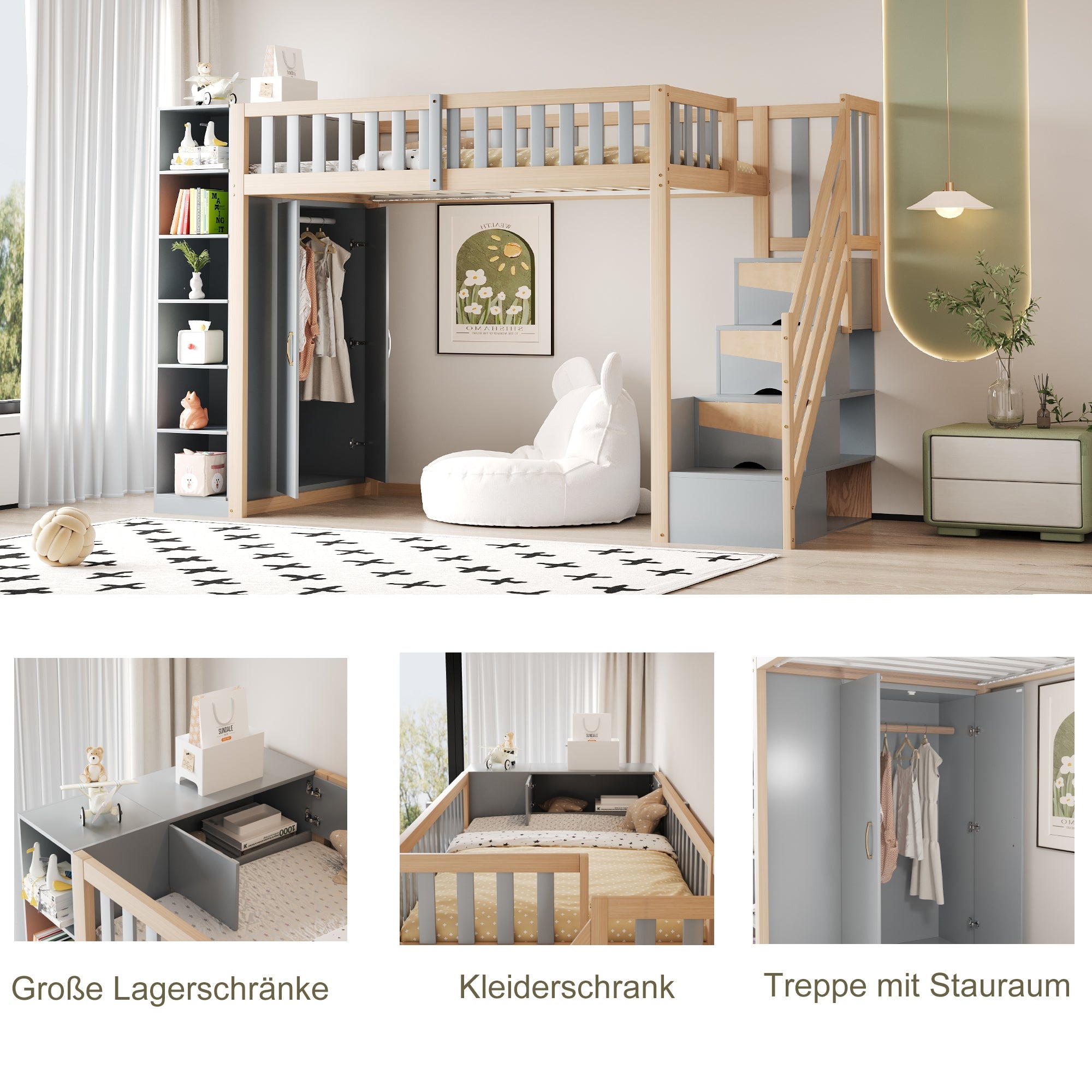 Logidon hoogslaper 90x200 multifunctioneel grijs natuurlijk hout met planken