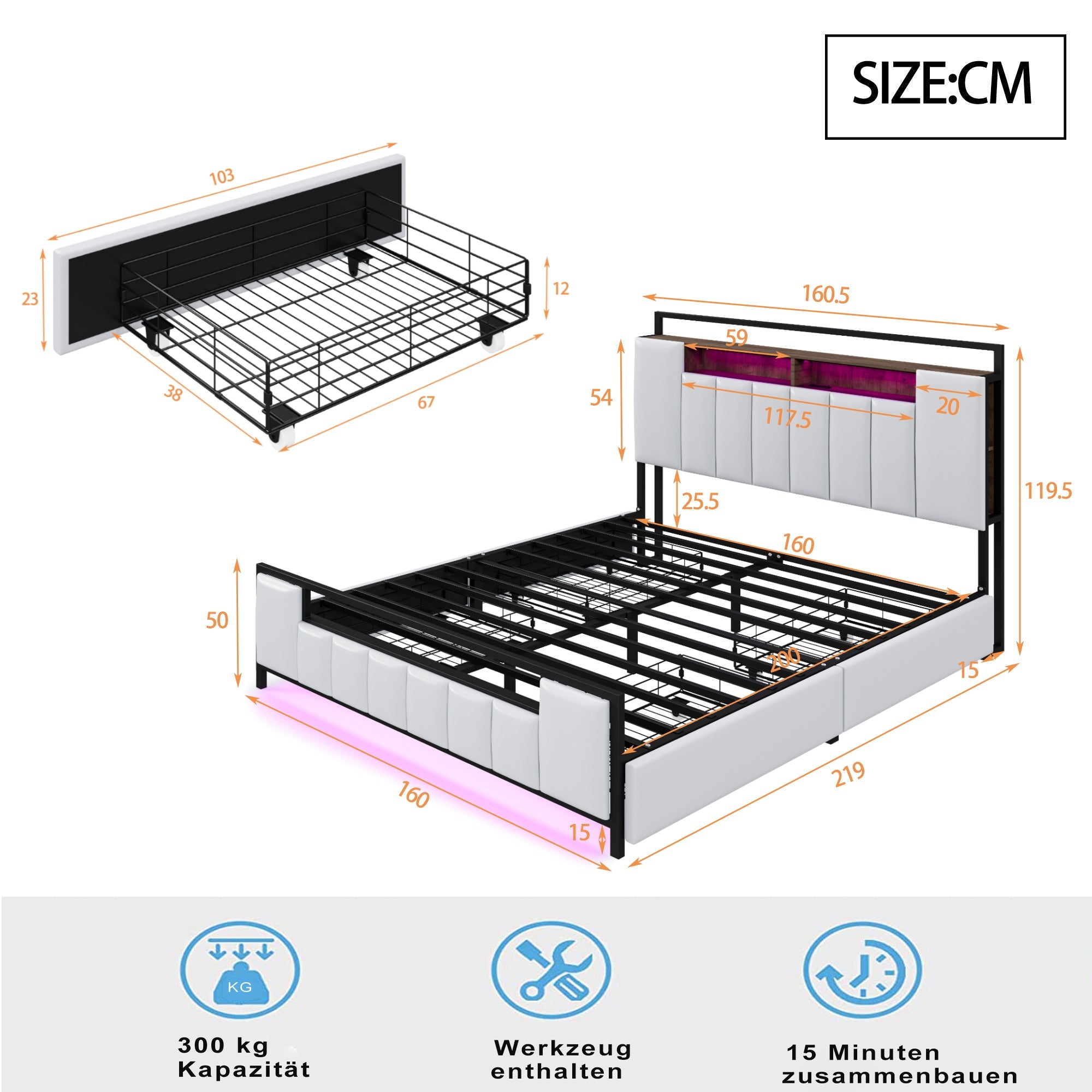 Logidon gestoffeerd bed 160x200 cm beige kunstleer met LED en USB