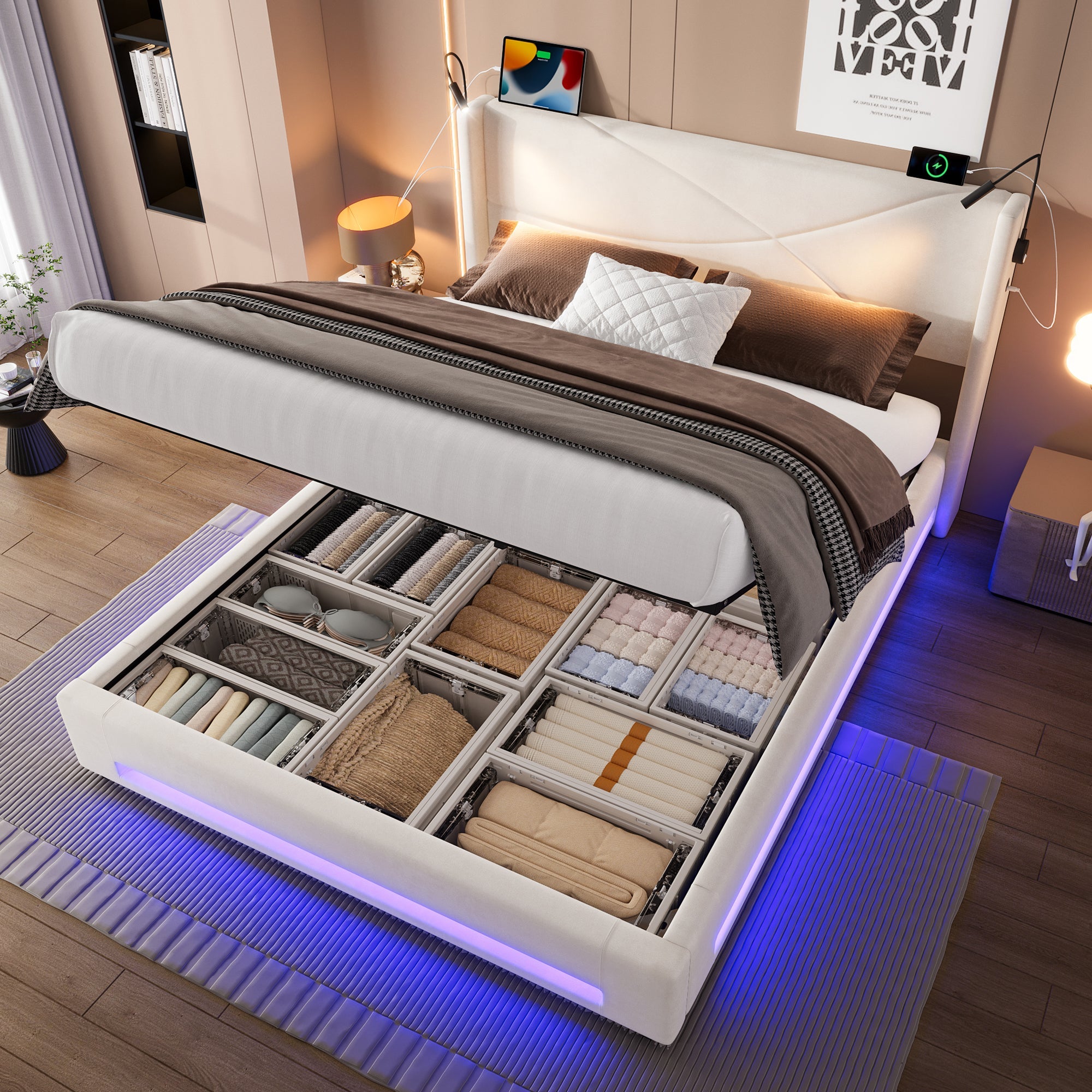 Logidon bedframe 160x200 cm beige fluweel met opbergruimte LED