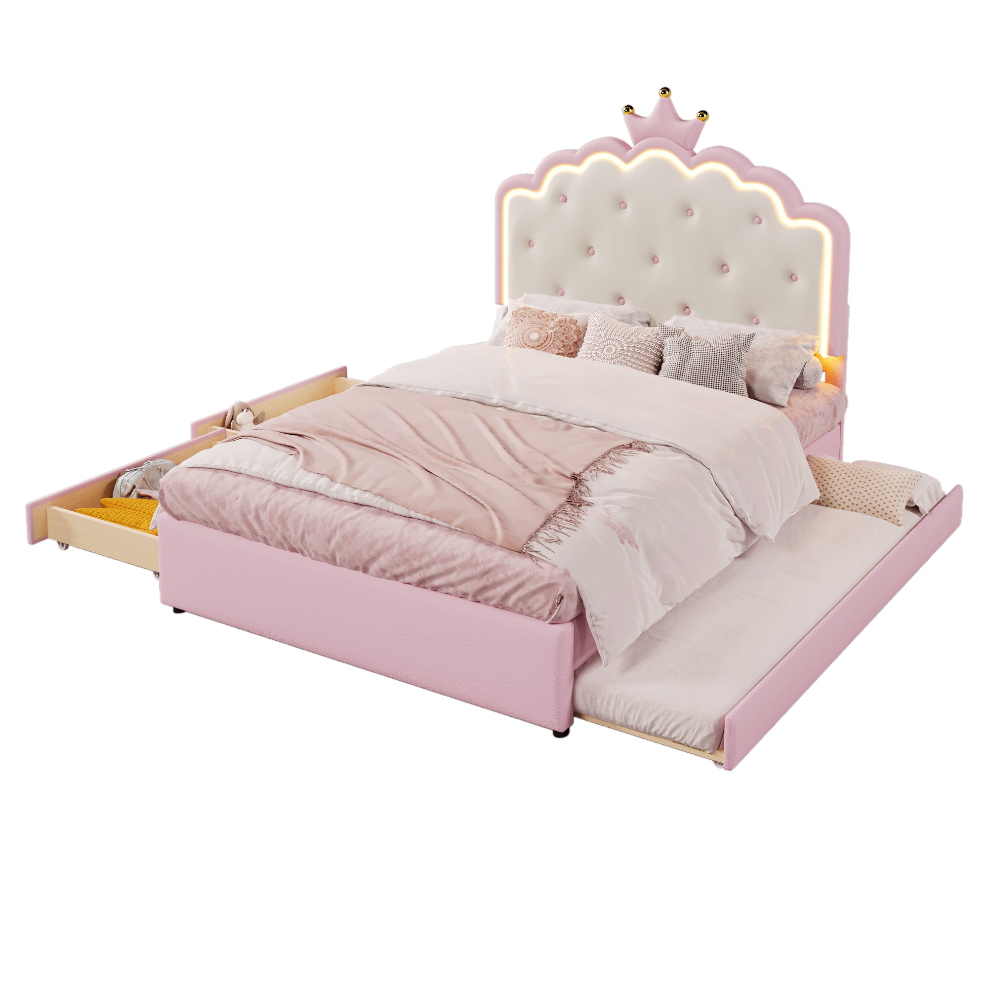 Logidon gestoffeerd bed 140x200 roze met lattenbodem LED-verlichting