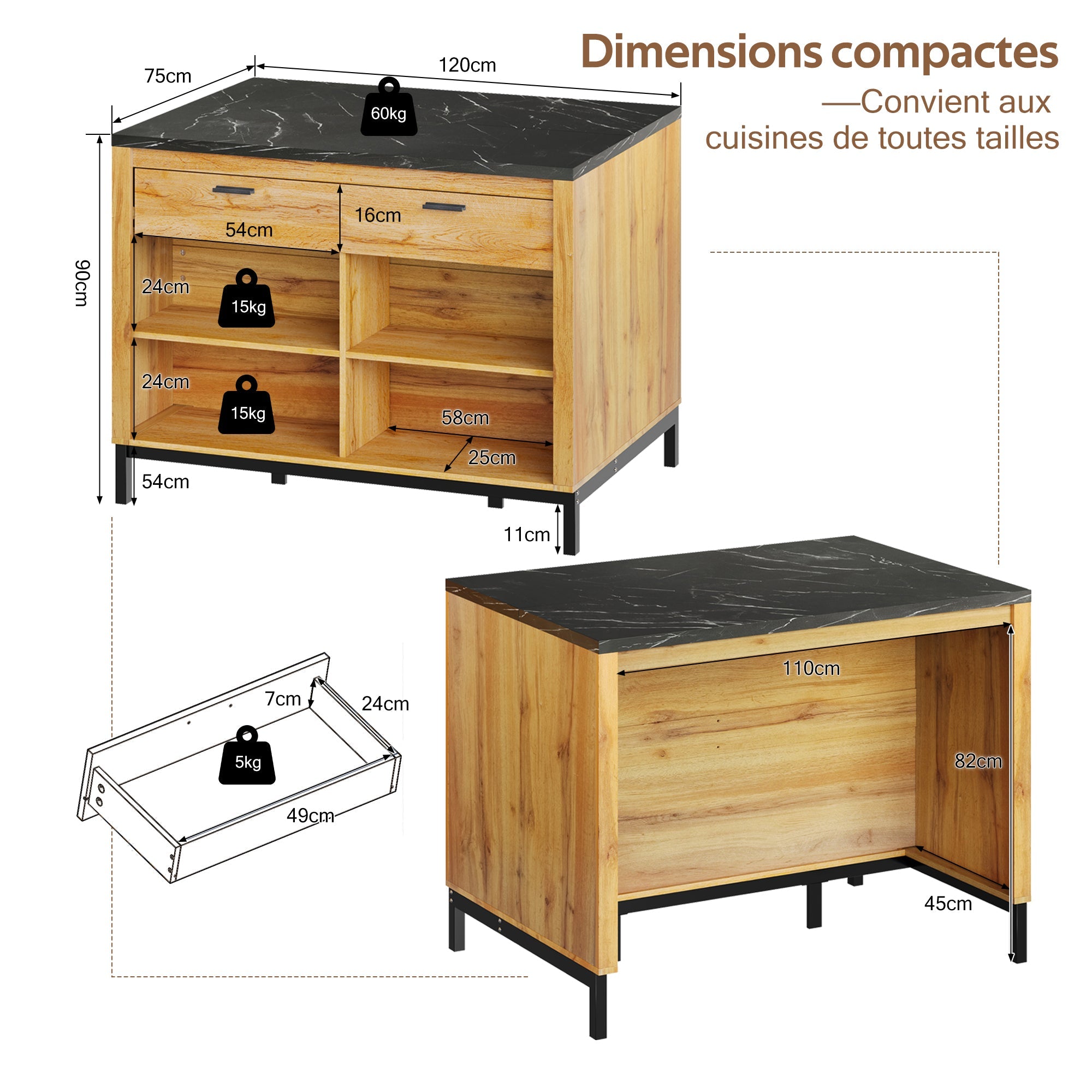 Logidon kitchen island country house style 120x75x90 cm with 2 drawers and 4 shelves