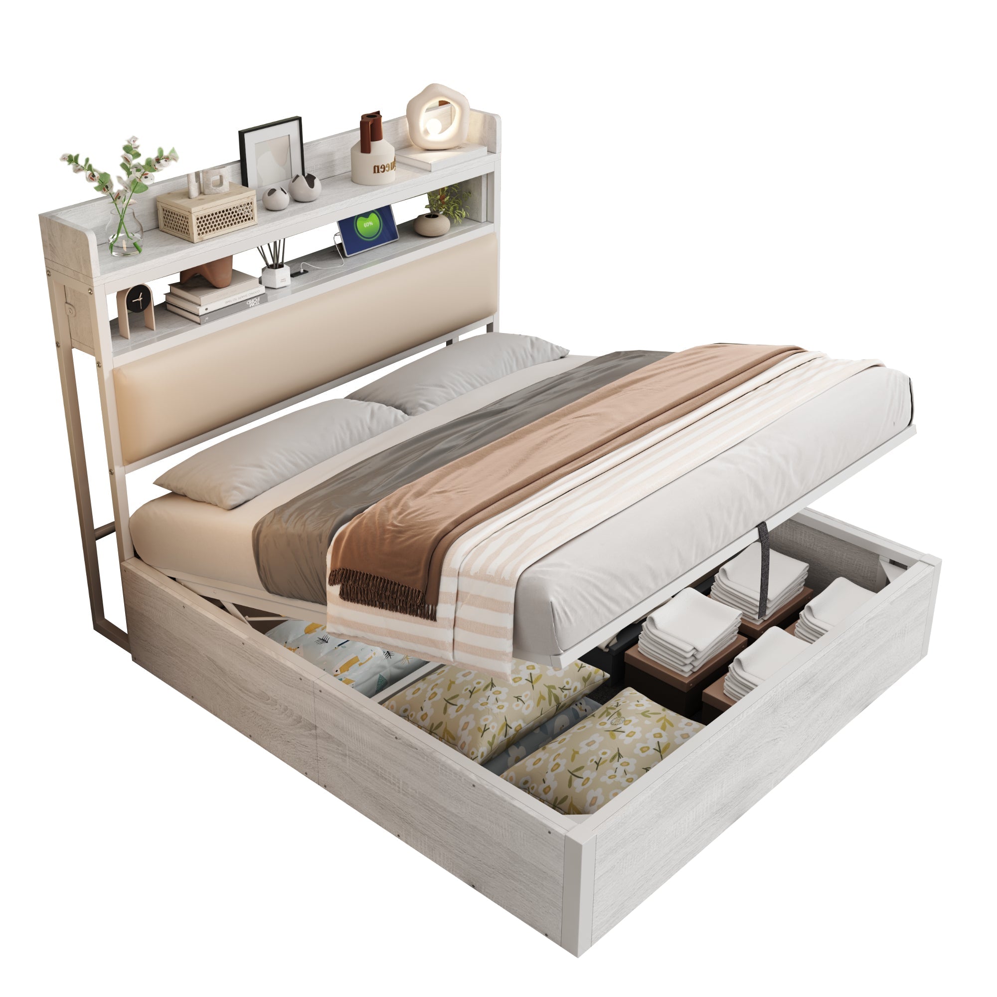 Logidon bedframe 140x200 cm met hydraulische opbergruimte USB hoofdbord wit
