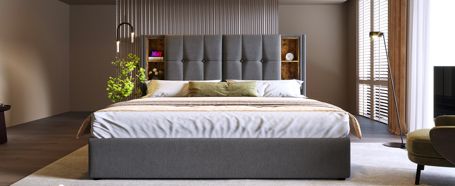 Logidon tweepersoonsbed 140x200cm met draadloos opladen USB C grijs
