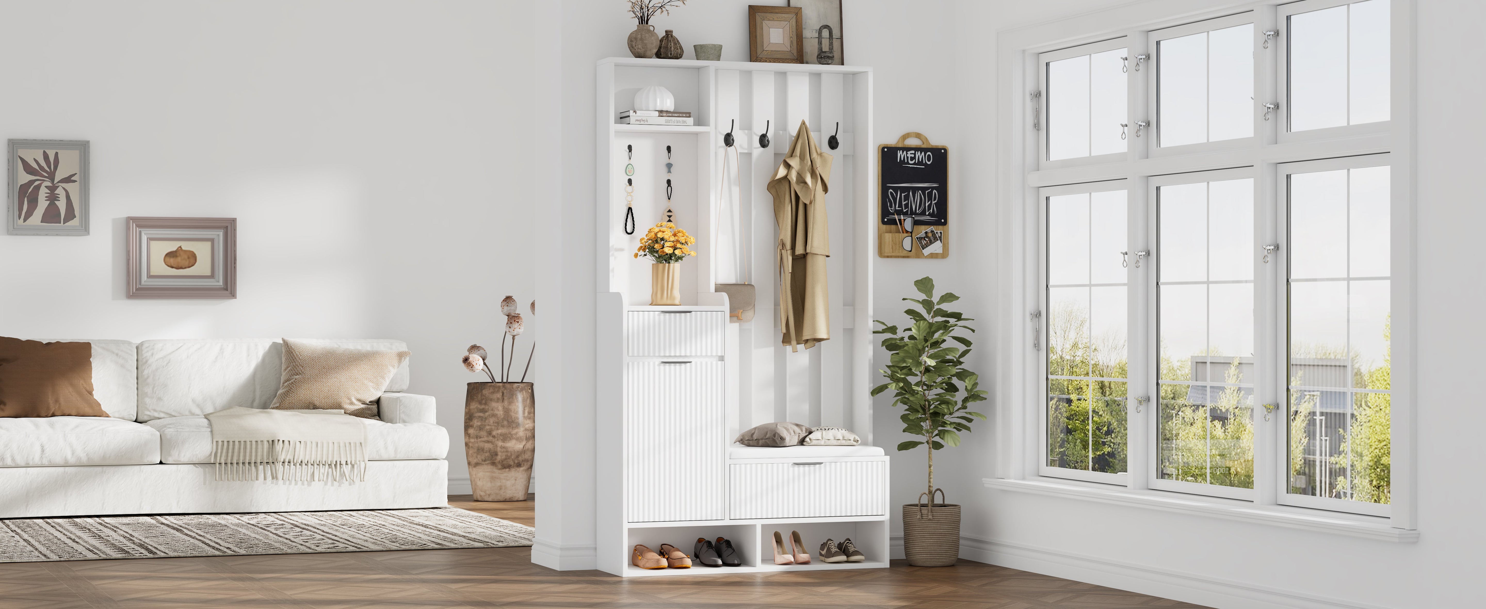 Logidon Kledingkast 6in1 Wit 100x30x180 cm Schoenenbankopberger