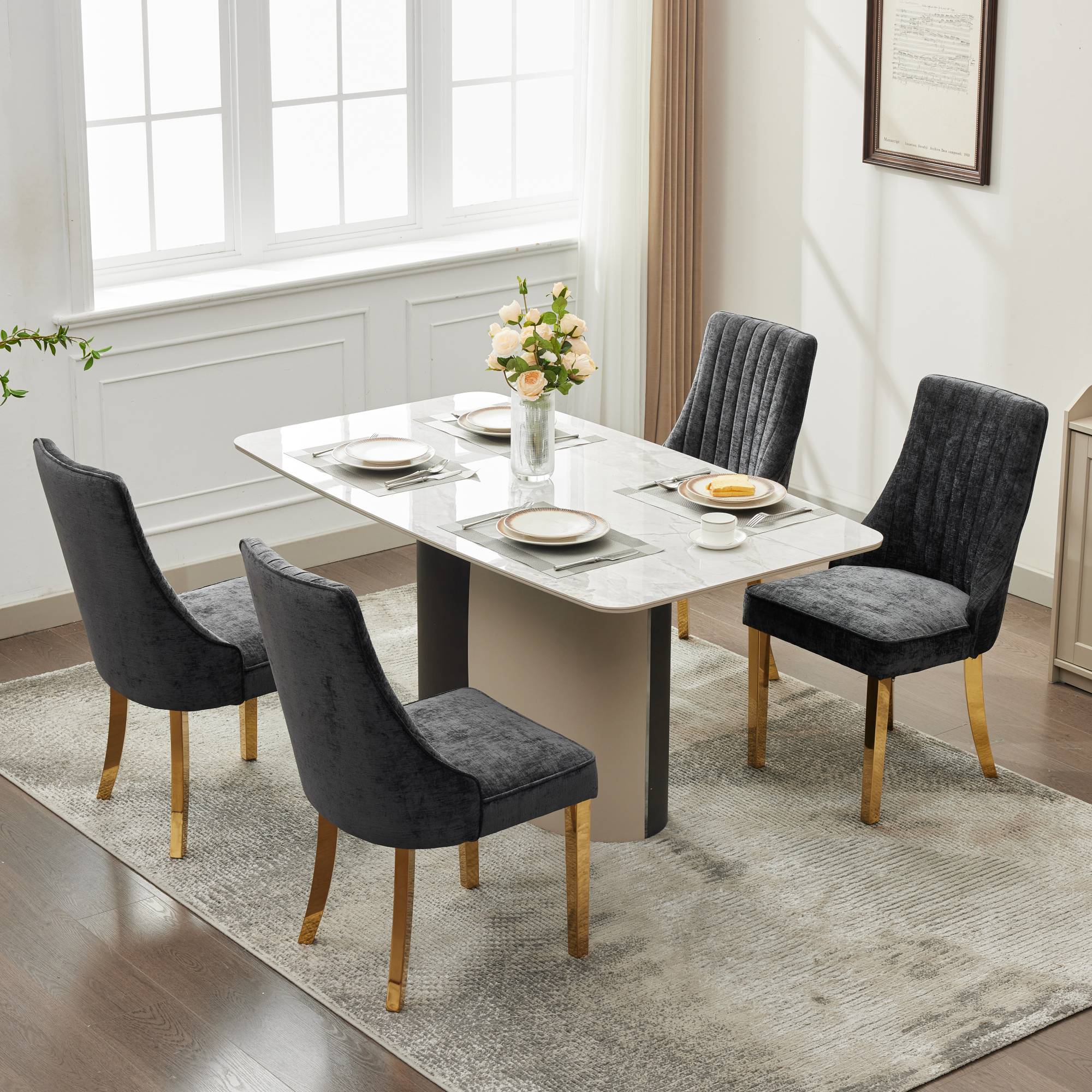 Logidon Chenille Eetstoelenset Zwart Gouden Poten Set van 2 65x50x95 cm