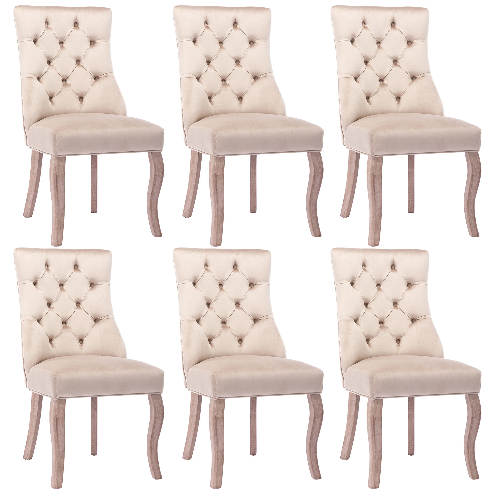 Logidon set van 6 beige fluwelen eetkamerstoelen met doorgestikte knopen