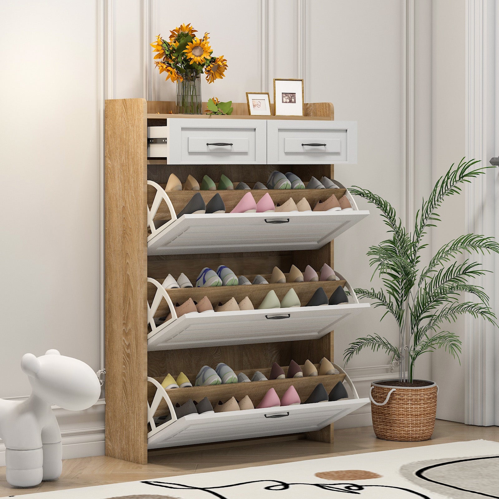 Logidon shoe chest white rotating shoe cabinet 3 flaps 2 drawers
