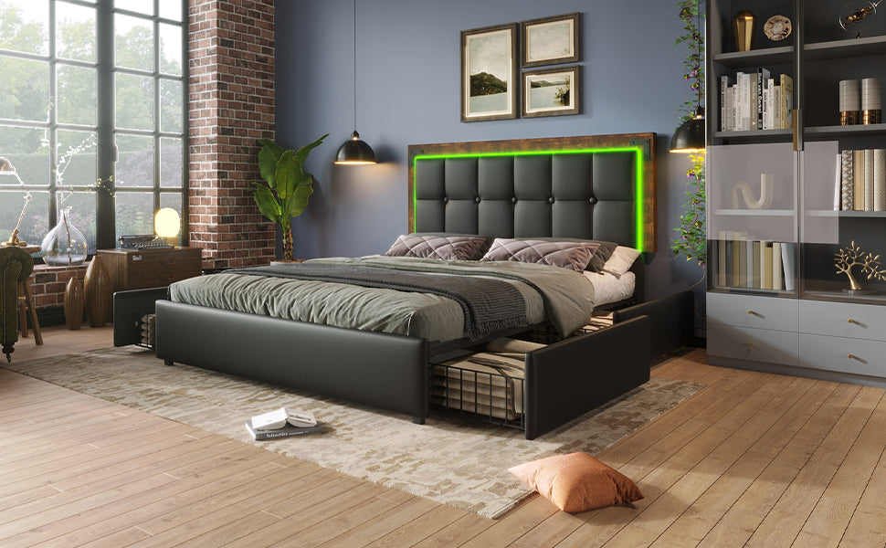 Logidon bedframe 140x200 met LED-verlichting 4 lades zwart