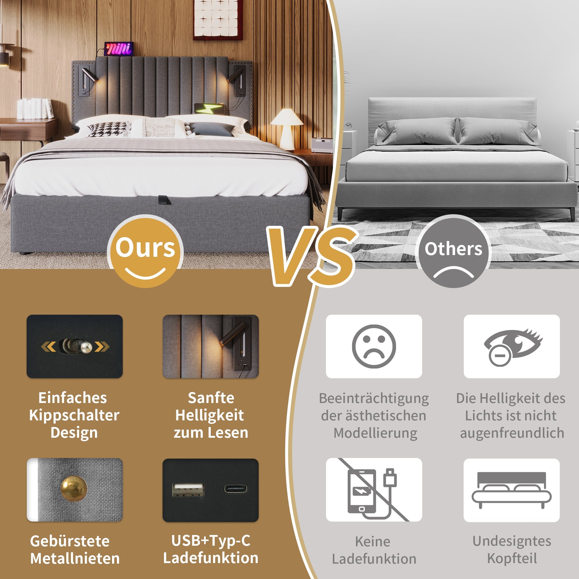 Logidon gestoffeerd bed 180x200 grijs met opbergruimte en USB-oplaadfunctie