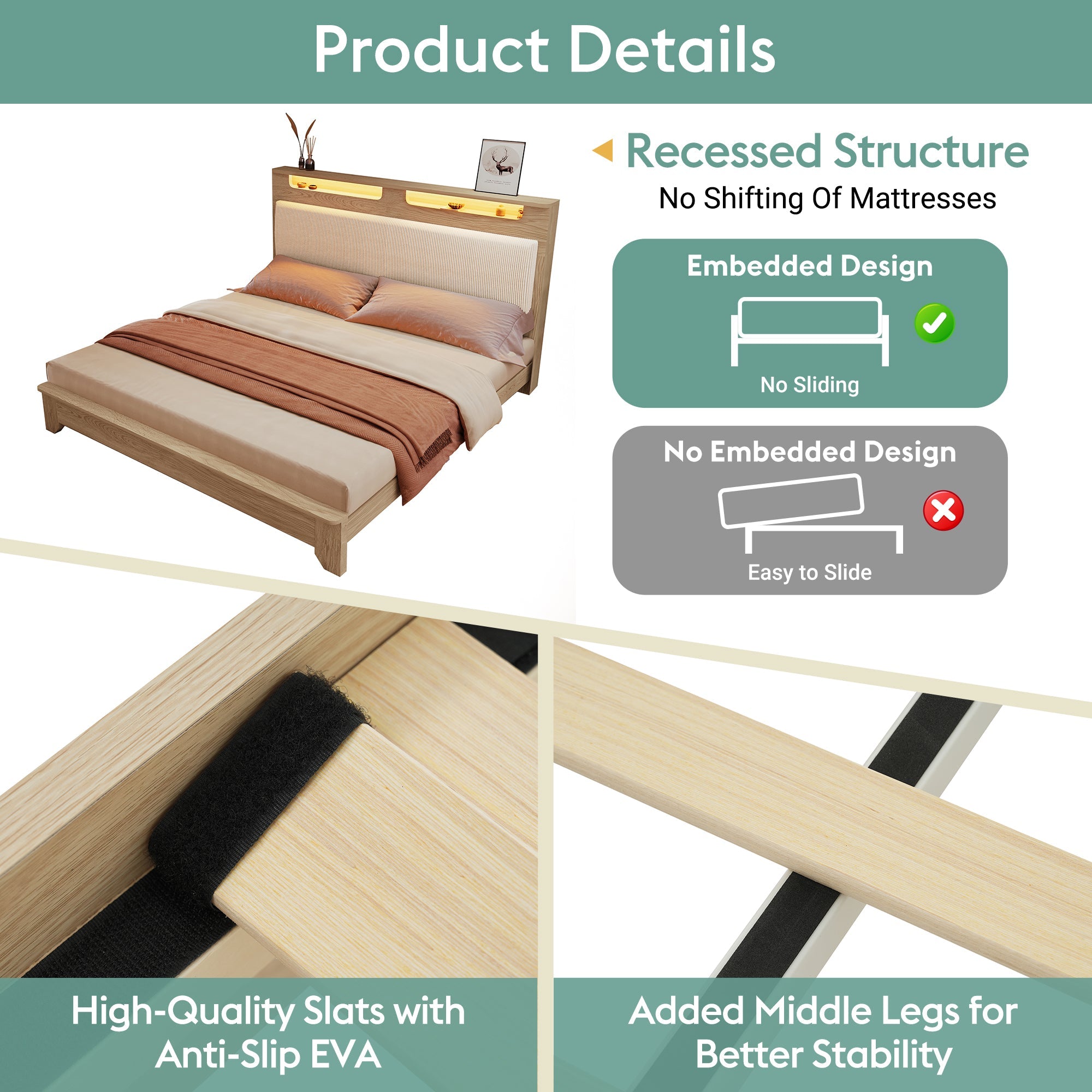 Logidon double bed 140x200 cm beige LED lighting headboard storage space
