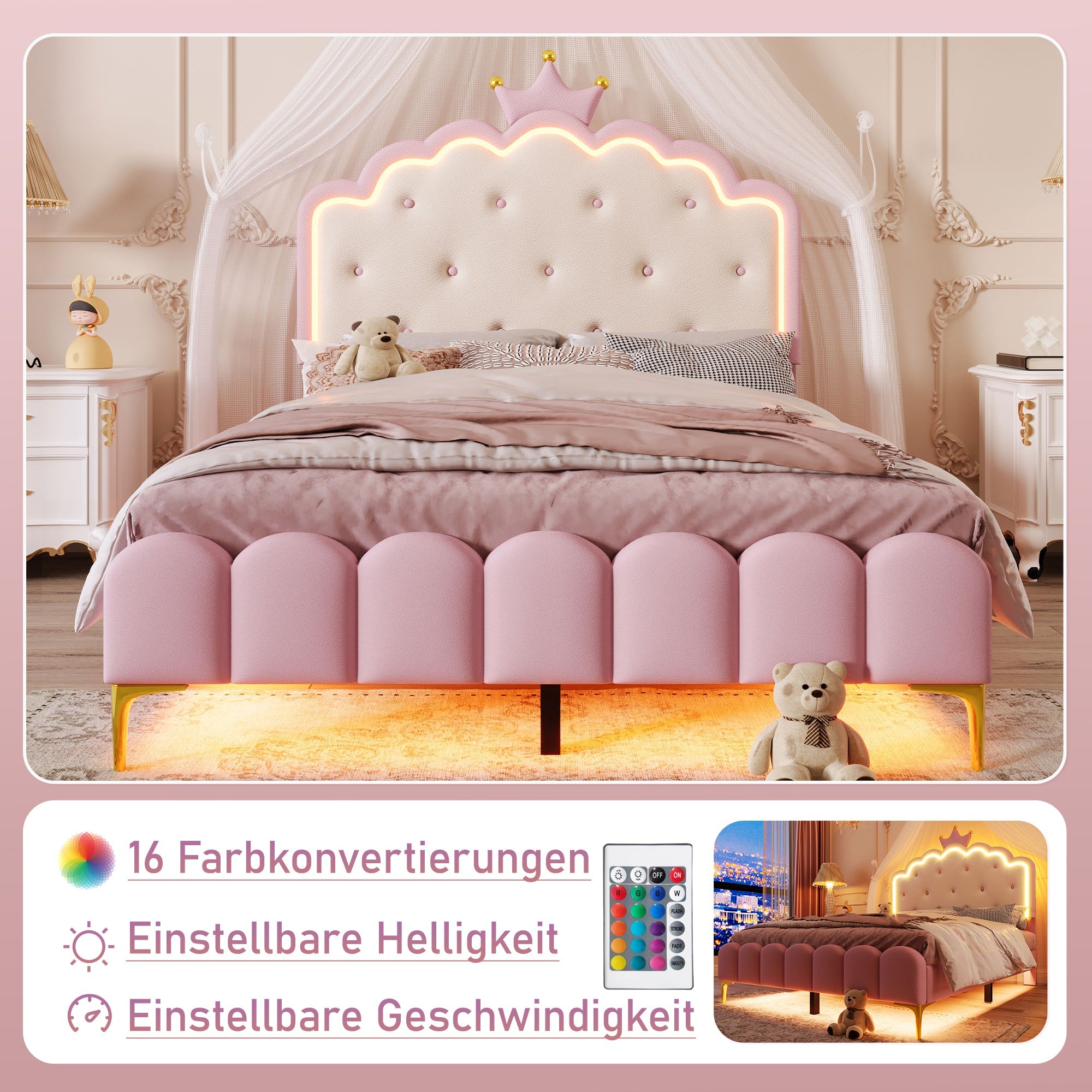 Logidon gestoffeerd bed 140x200 roze met lattenbodem LED-verlichting