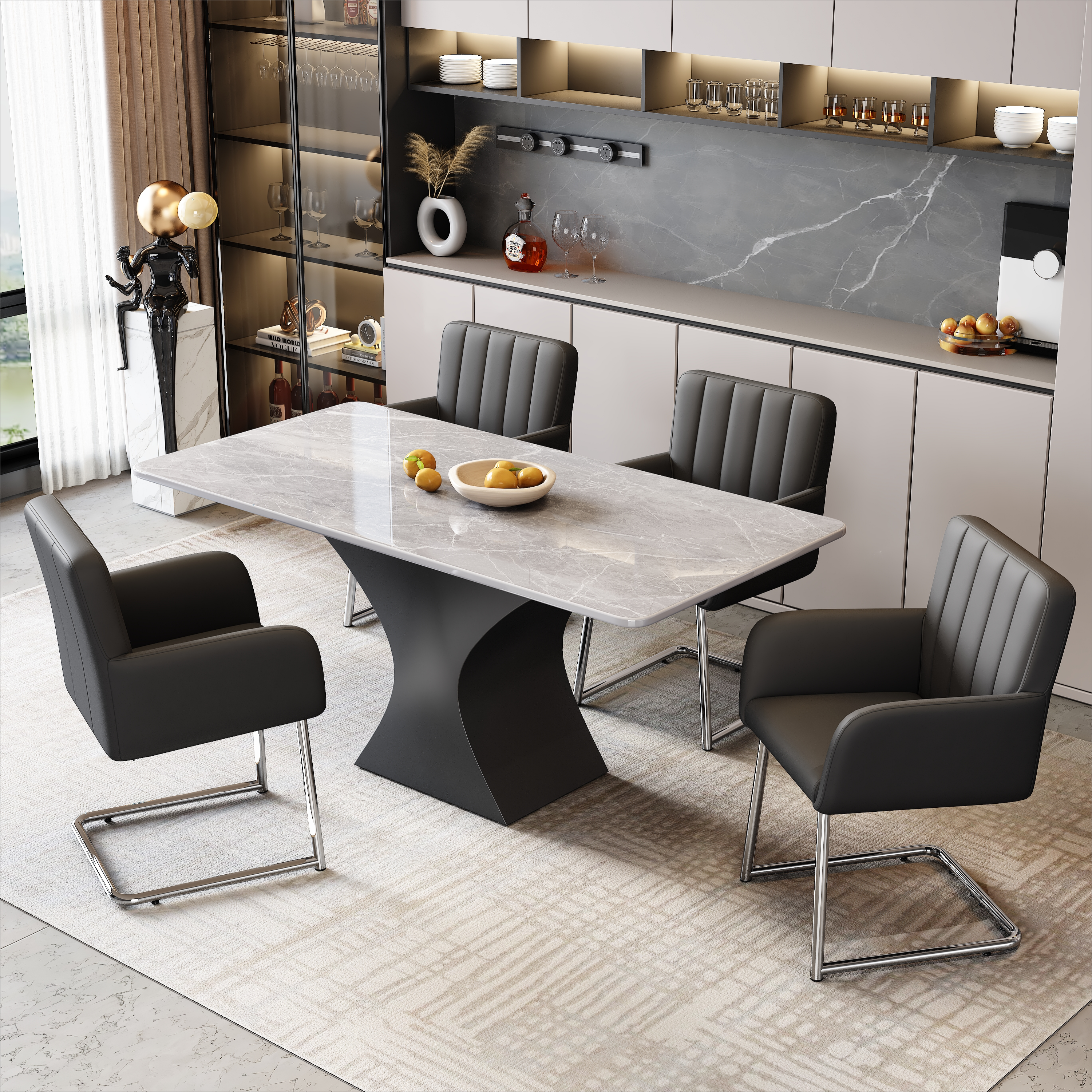Logidon Set van 6 eetkamerstoelen verticale strepen kunstleer zwart