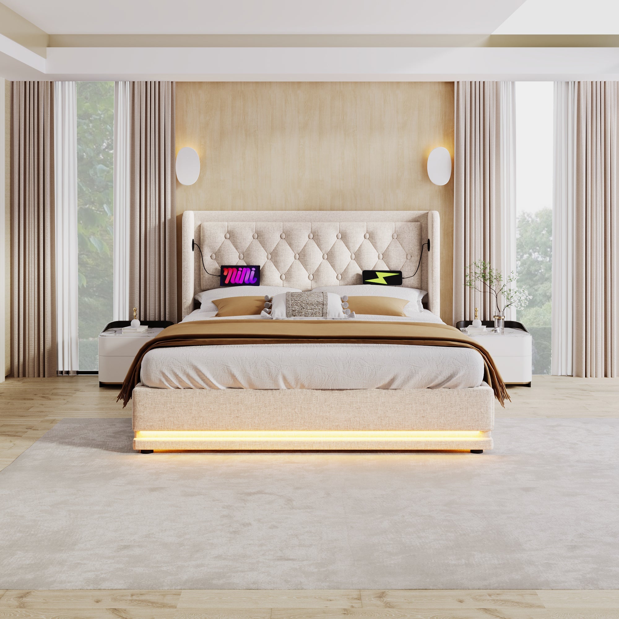 Logidon gestoffeerd bed 160x200 cm beige met USB Type C oplaadfunctie