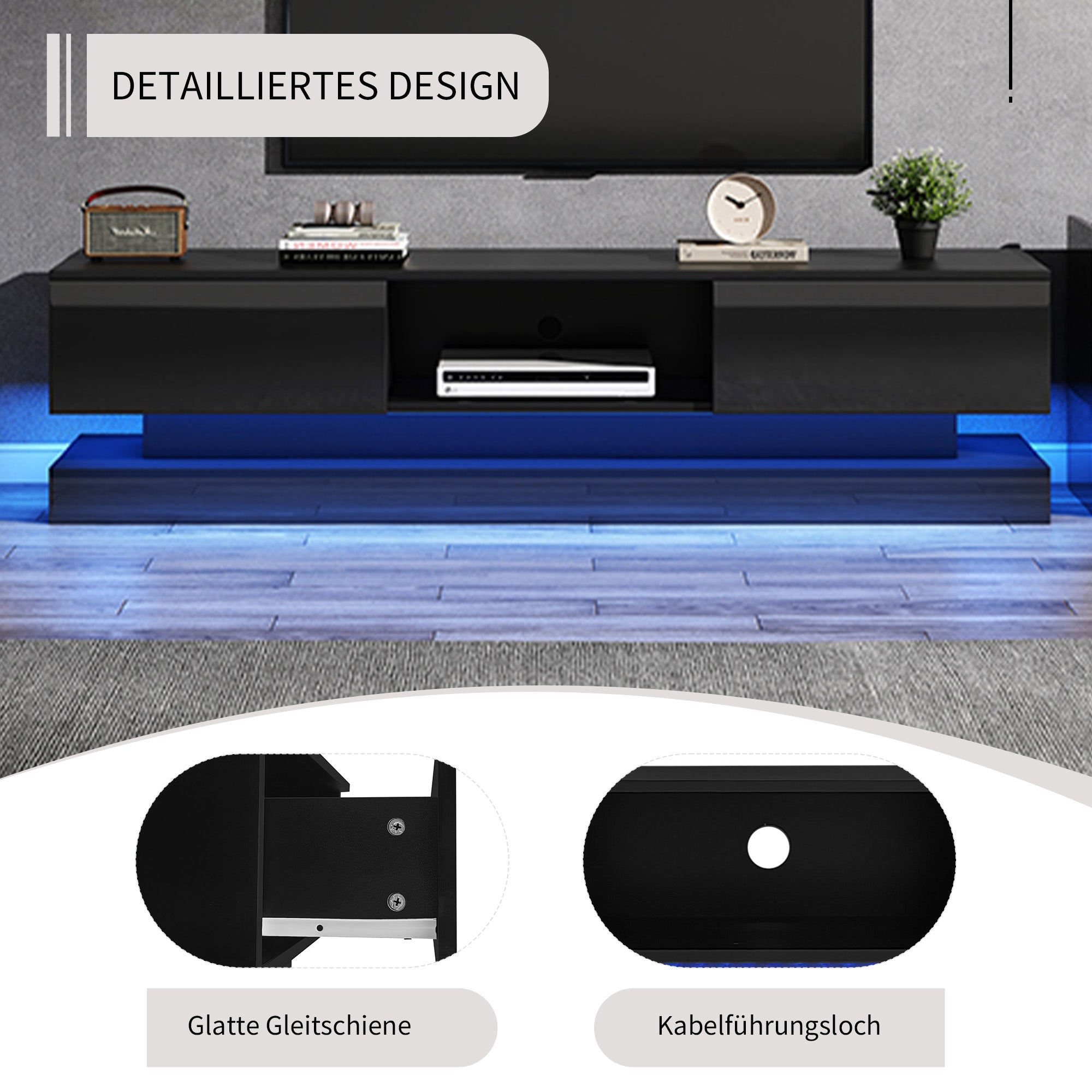 Logidon Zwart Hoogglans TV-meubel 160 CM Met LED 2 Laden