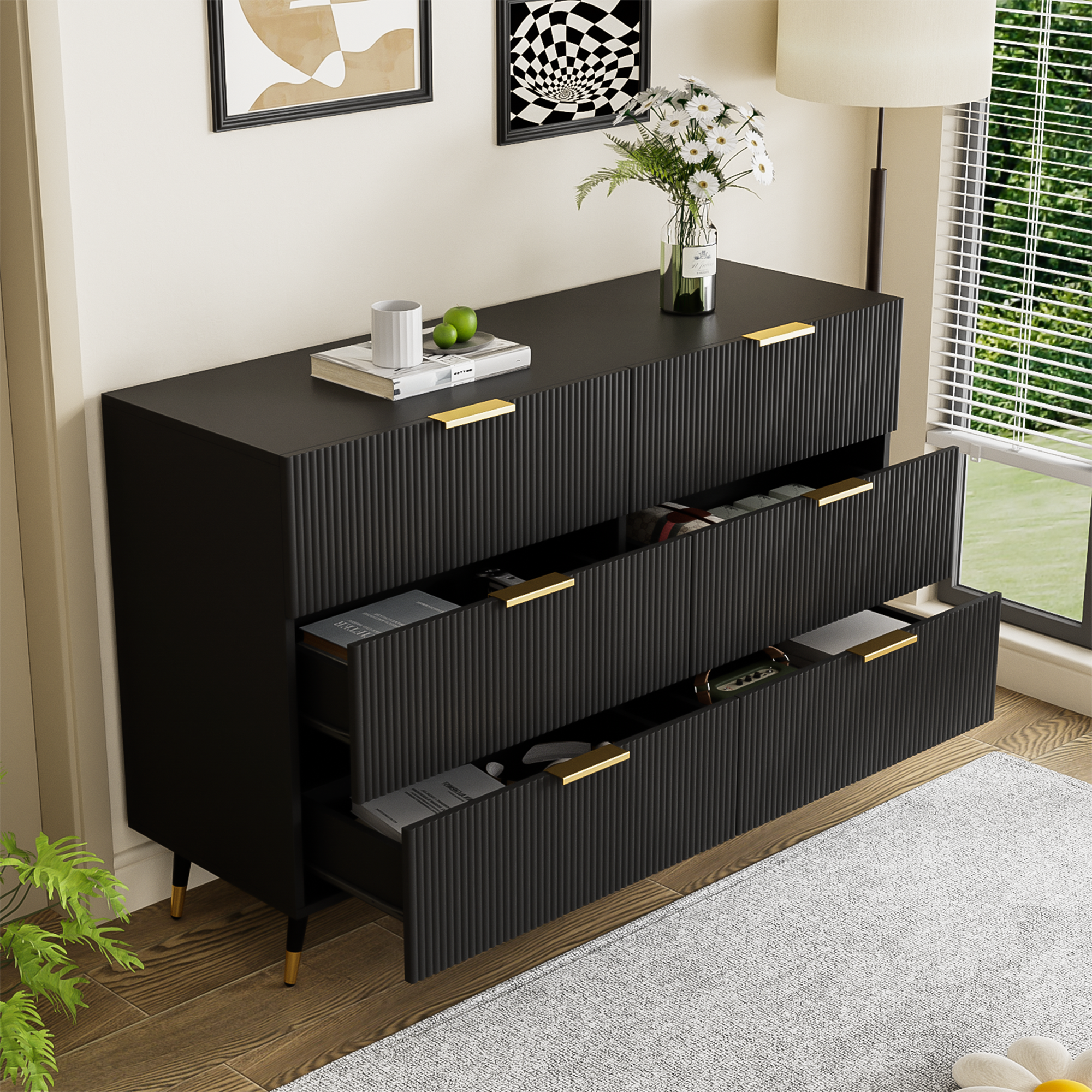 Logidon Elegant Dressoir Zwart Moderne Stijl 6 Laden