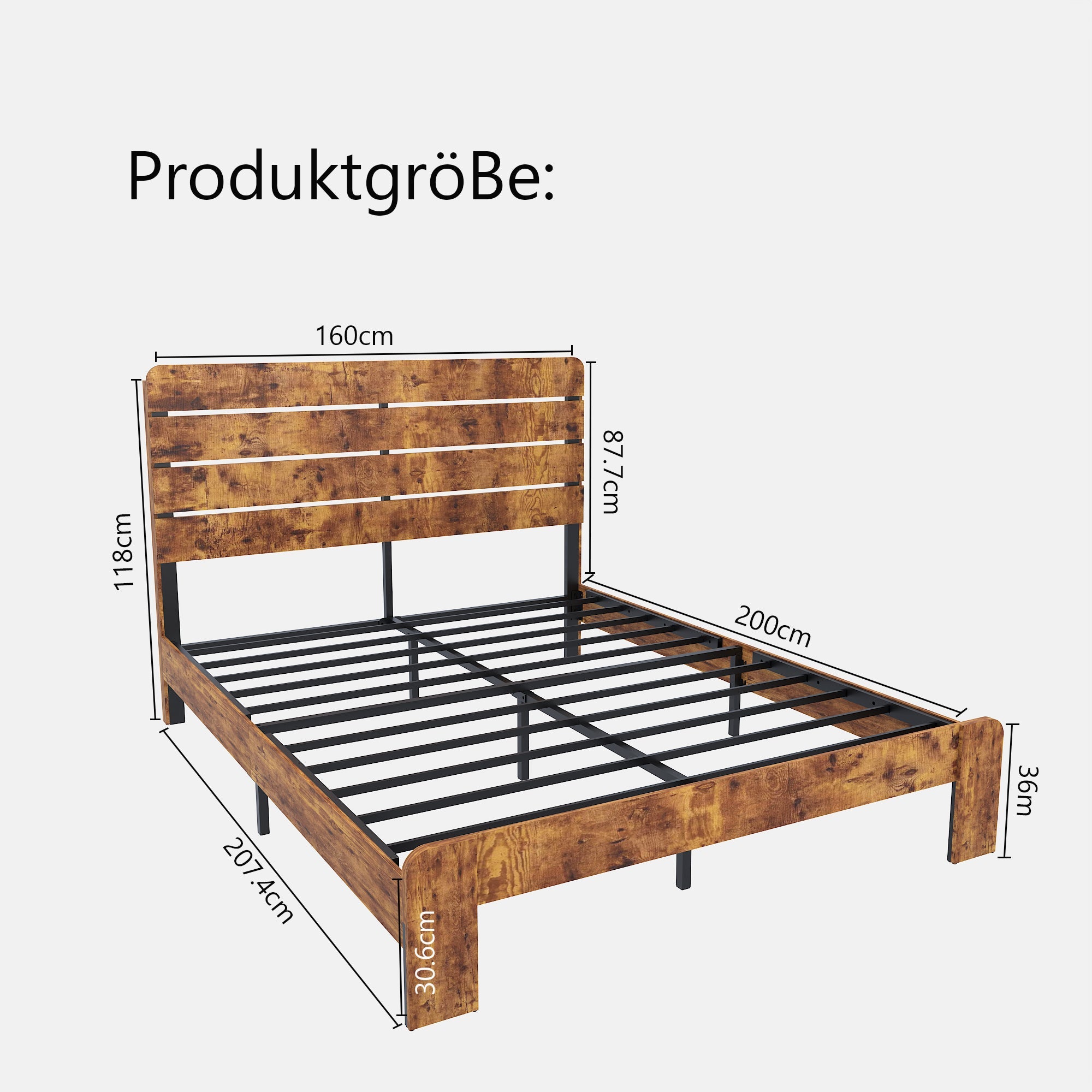 Logidon houten tweepersoonsbed bruin 160x200 antieke stijl met ijzeren lattenbodem