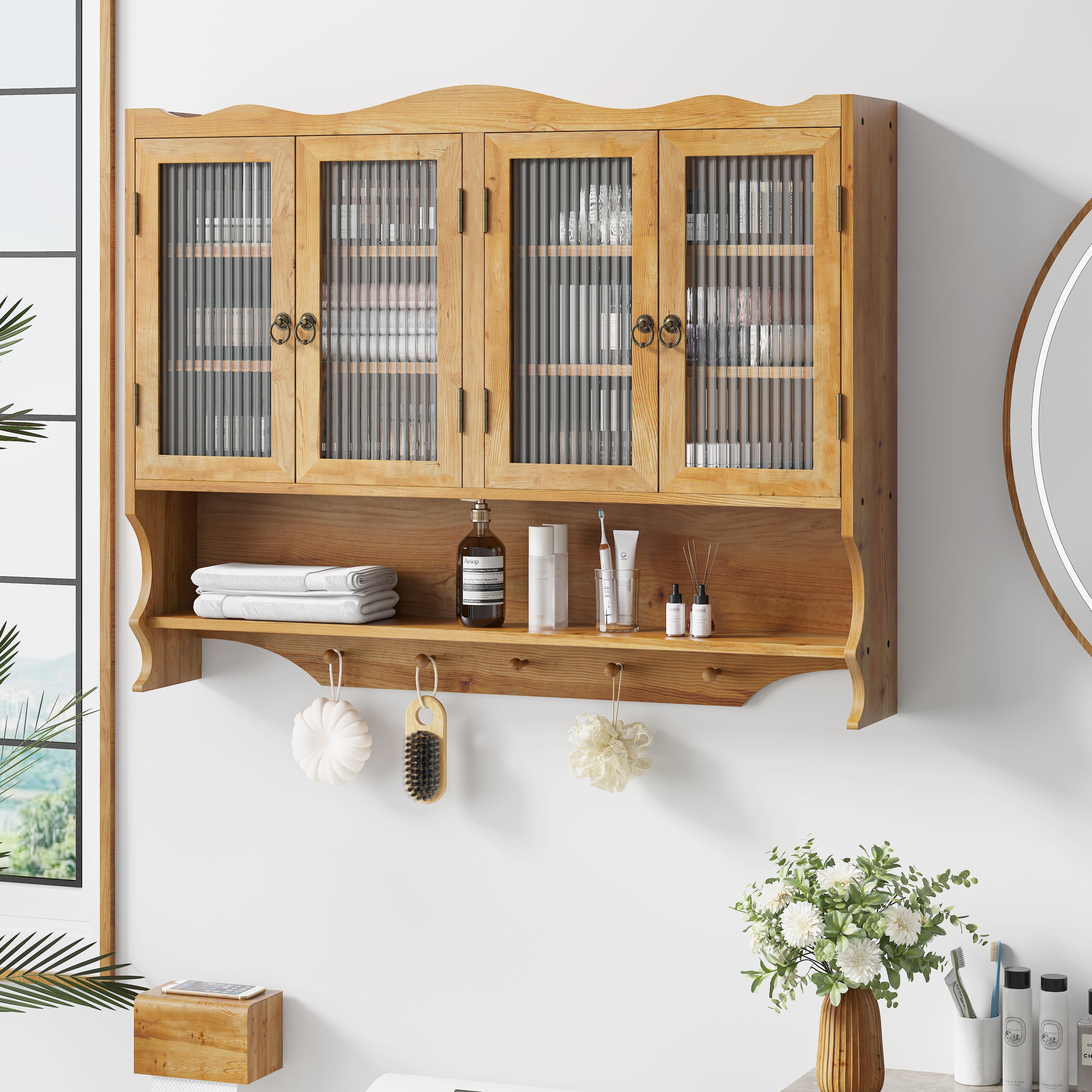 Logidon Retro wanddoos 100cm 4 deuren 2 niveaus open haken naturel hout
