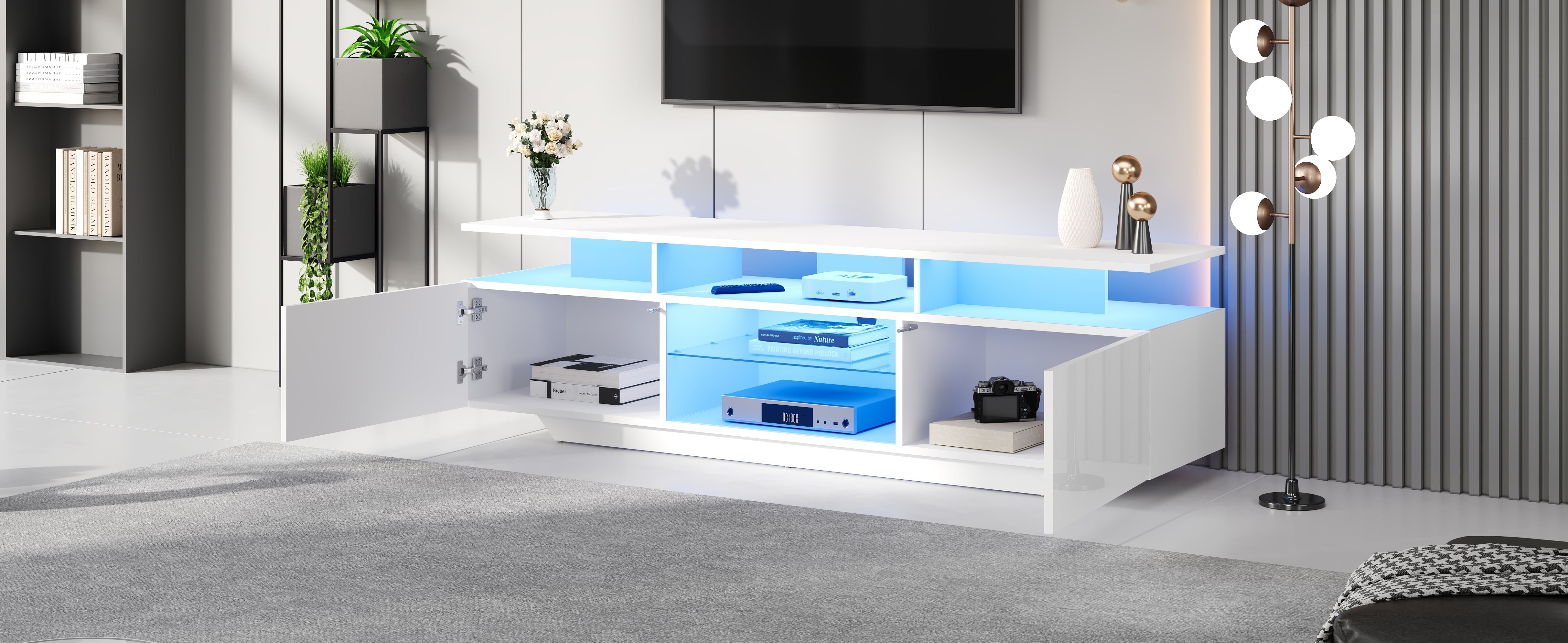 Logidon TV-meubel hoogglans wit 160 x 40 x 45 cm met LED lichtstrip glasplanken