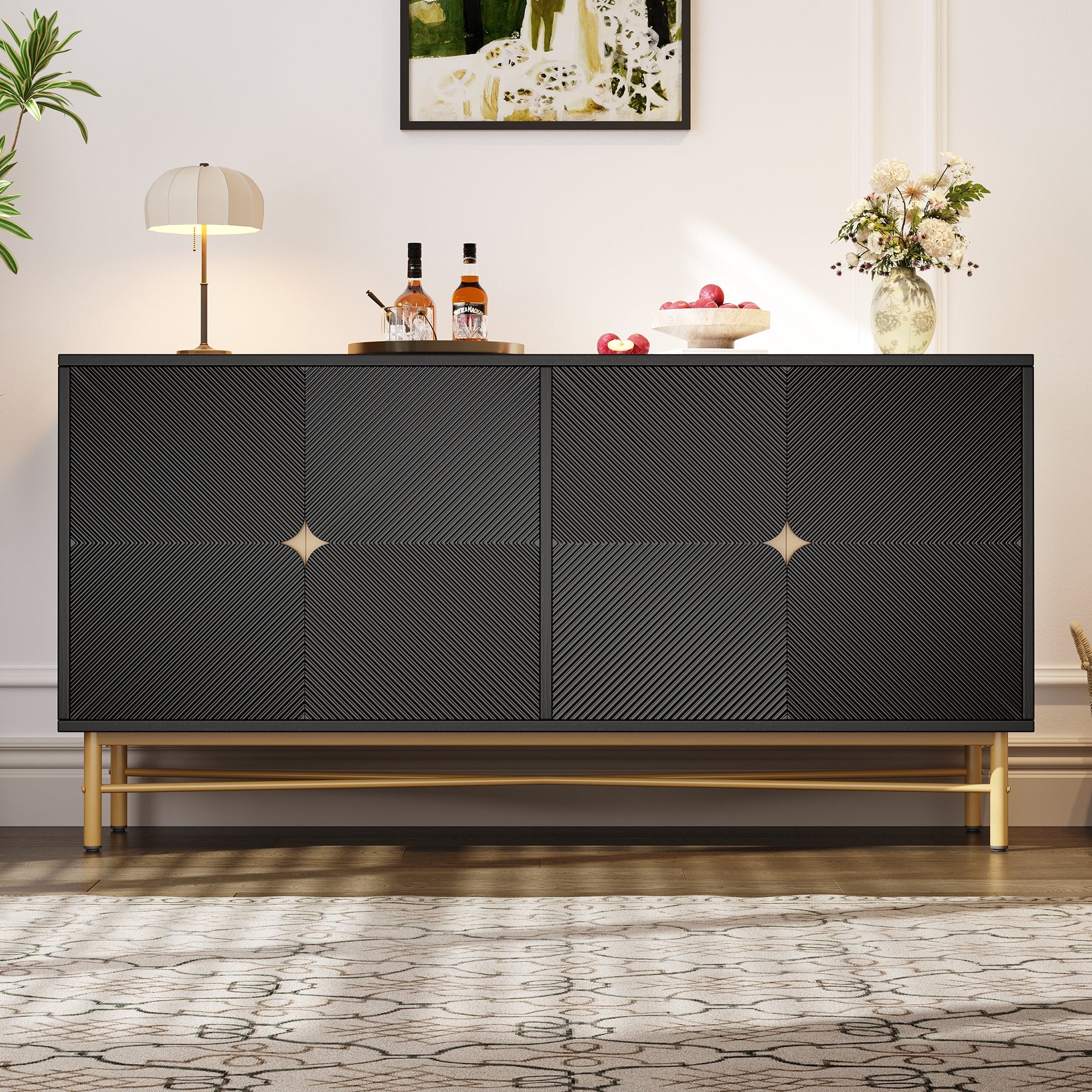 Logidon dressoir luxe structuur 160×40×82 cm zwarte hoogglans poten