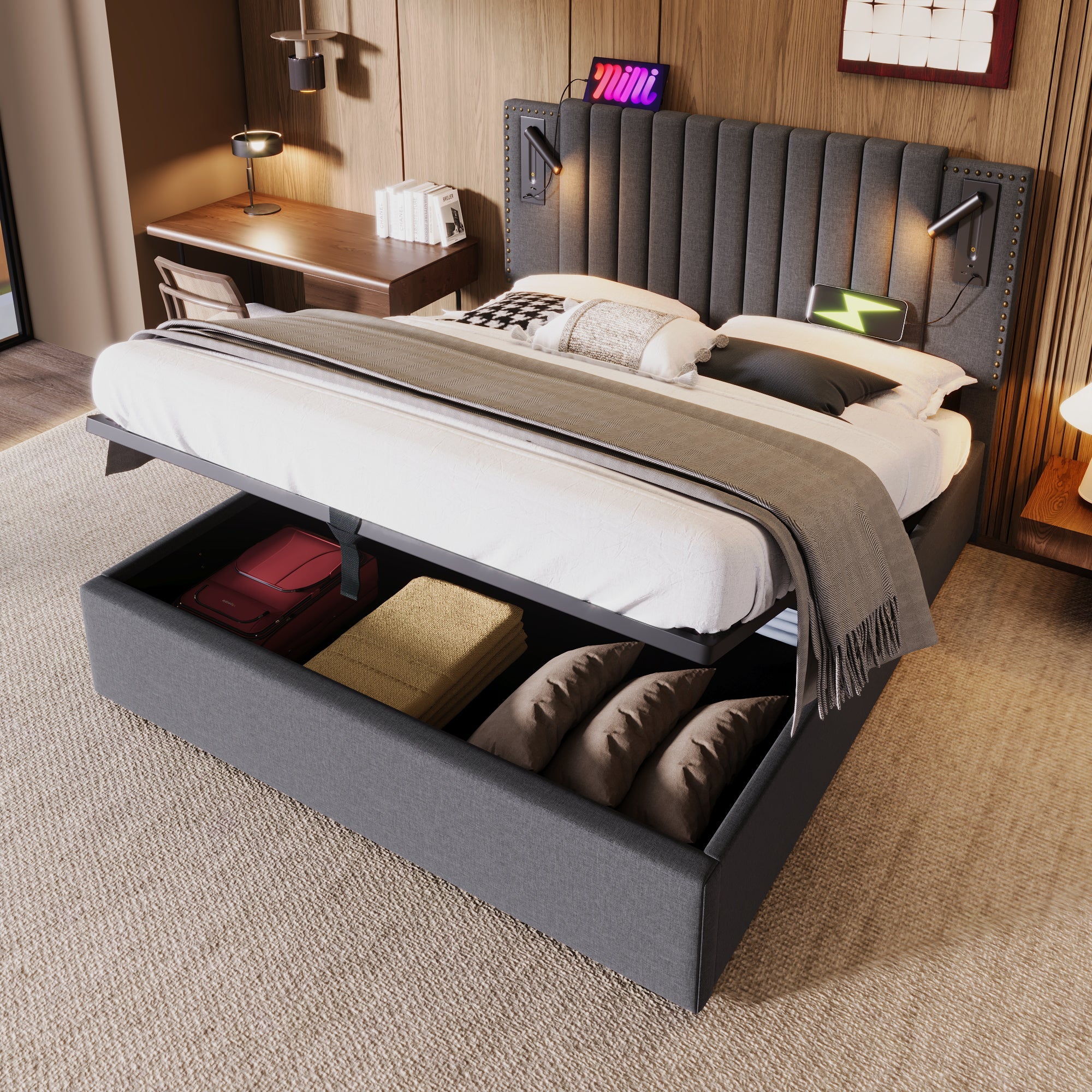 Logidon gestoffeerd bed 160x200 met opbergruimte en USB-leesapparaat lichtgrijs