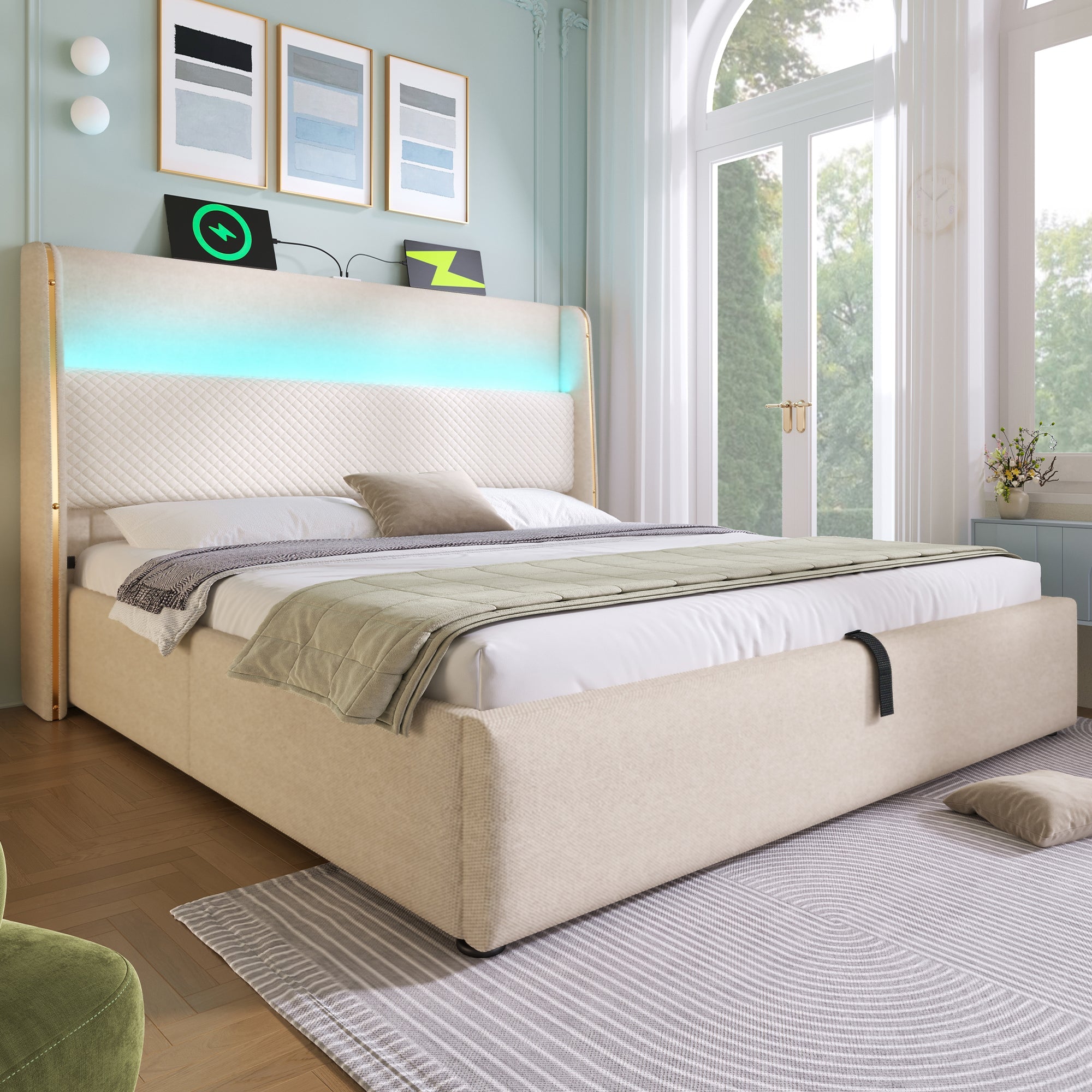 Logidon hydraulisch bed 140x200 beige linnenlook met LED