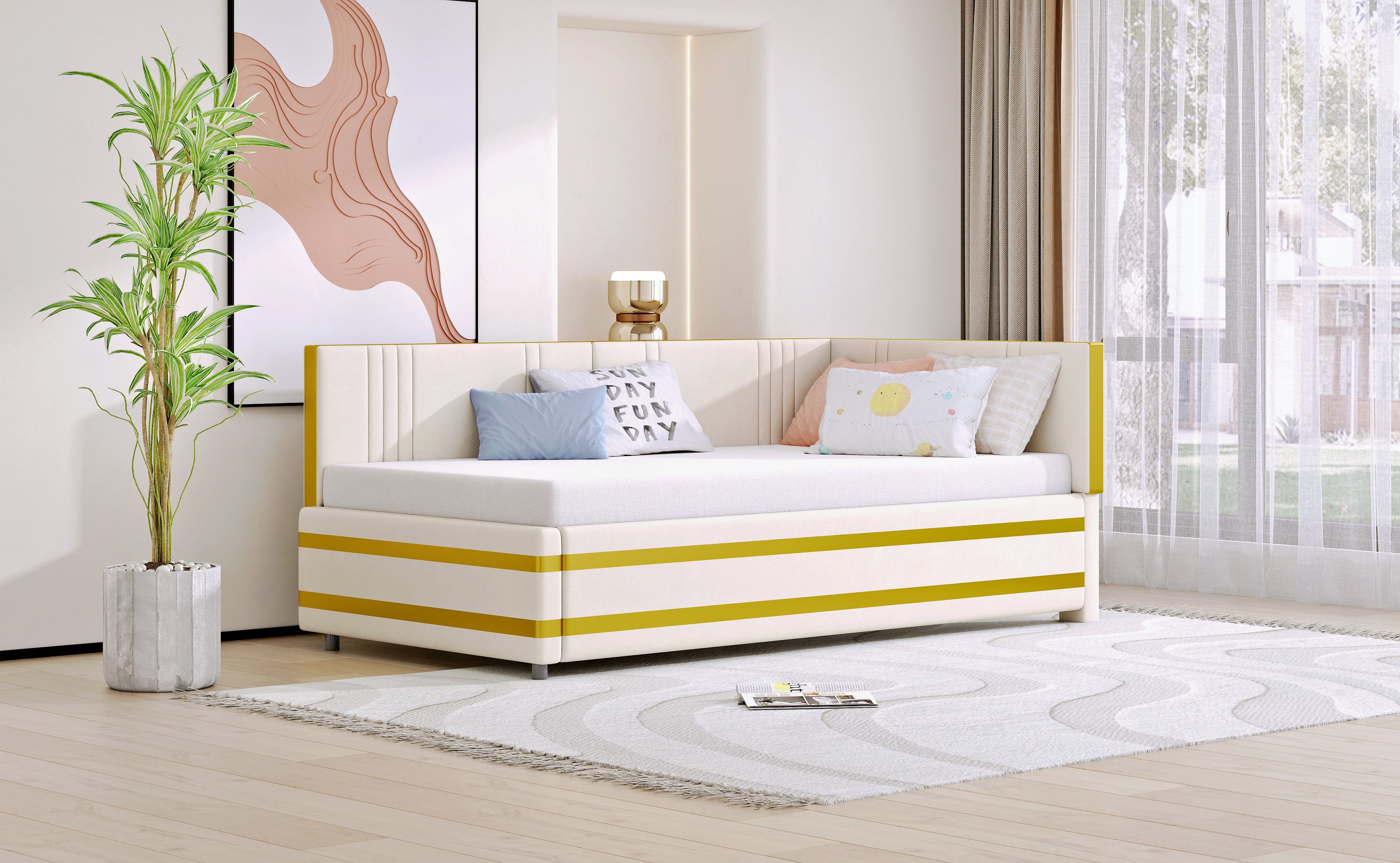 Logidon gestoffeerd bed 90x200 beige met lattenbodem multifunctioneel bed