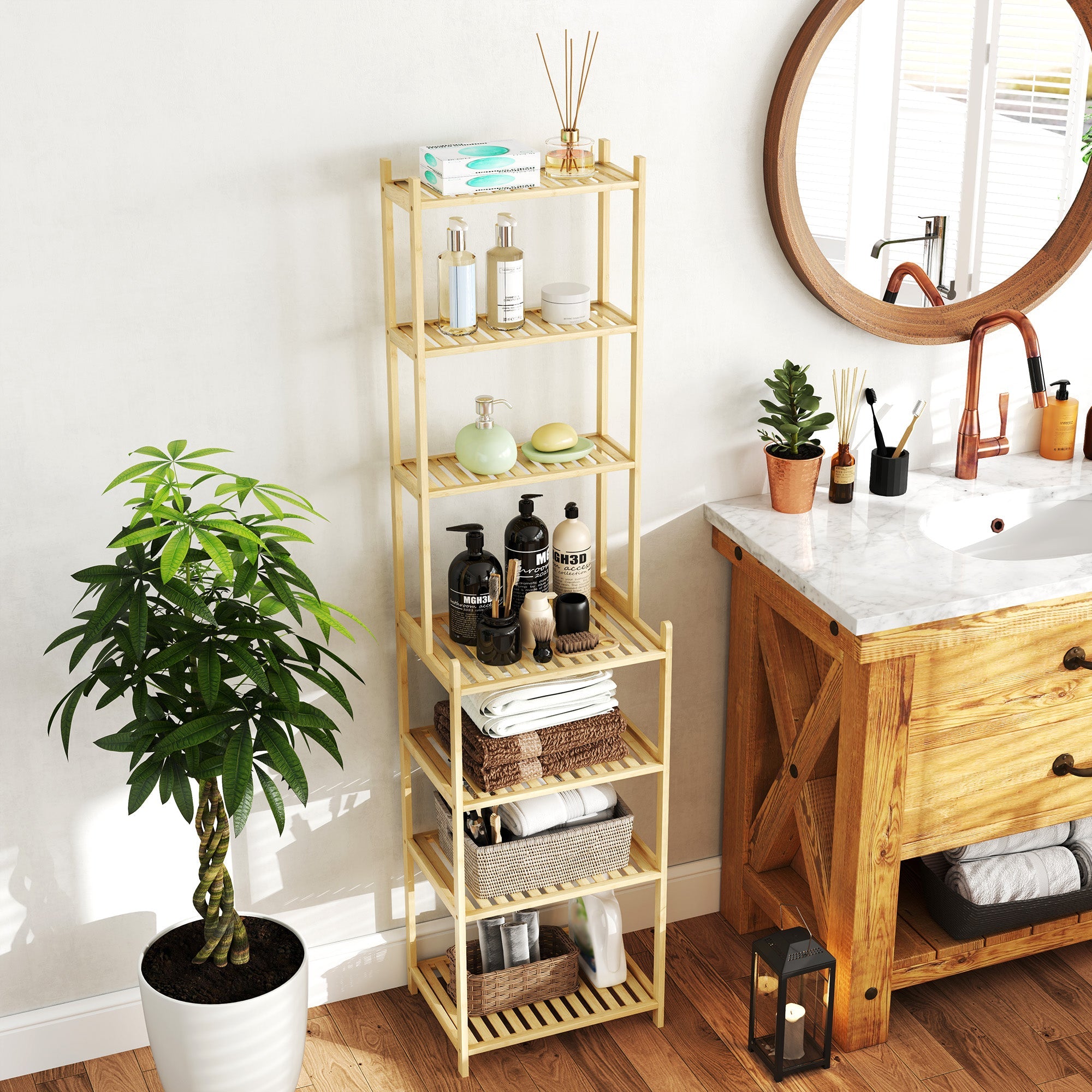 Logidon bathroom shelf natural bamboo 7 levels ladder shelf 44x33x180 cm