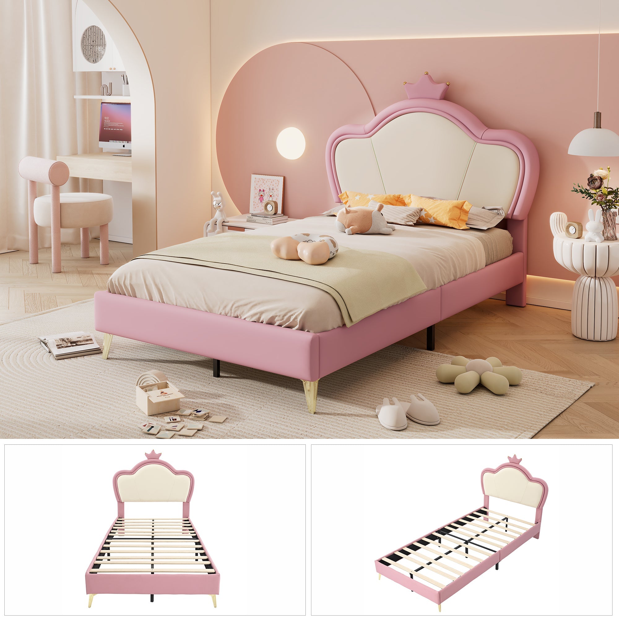 Logidon gestoffeerd bed kinderbed 90x200cm roze wit met kroonhoofdbord
