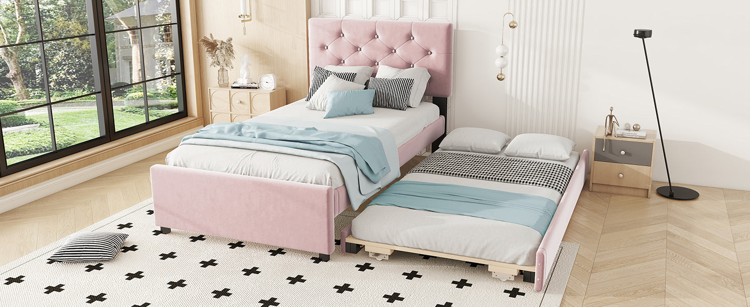 Logidon gestoffeerd bed 90x200 roze fluweel met rolcontainer