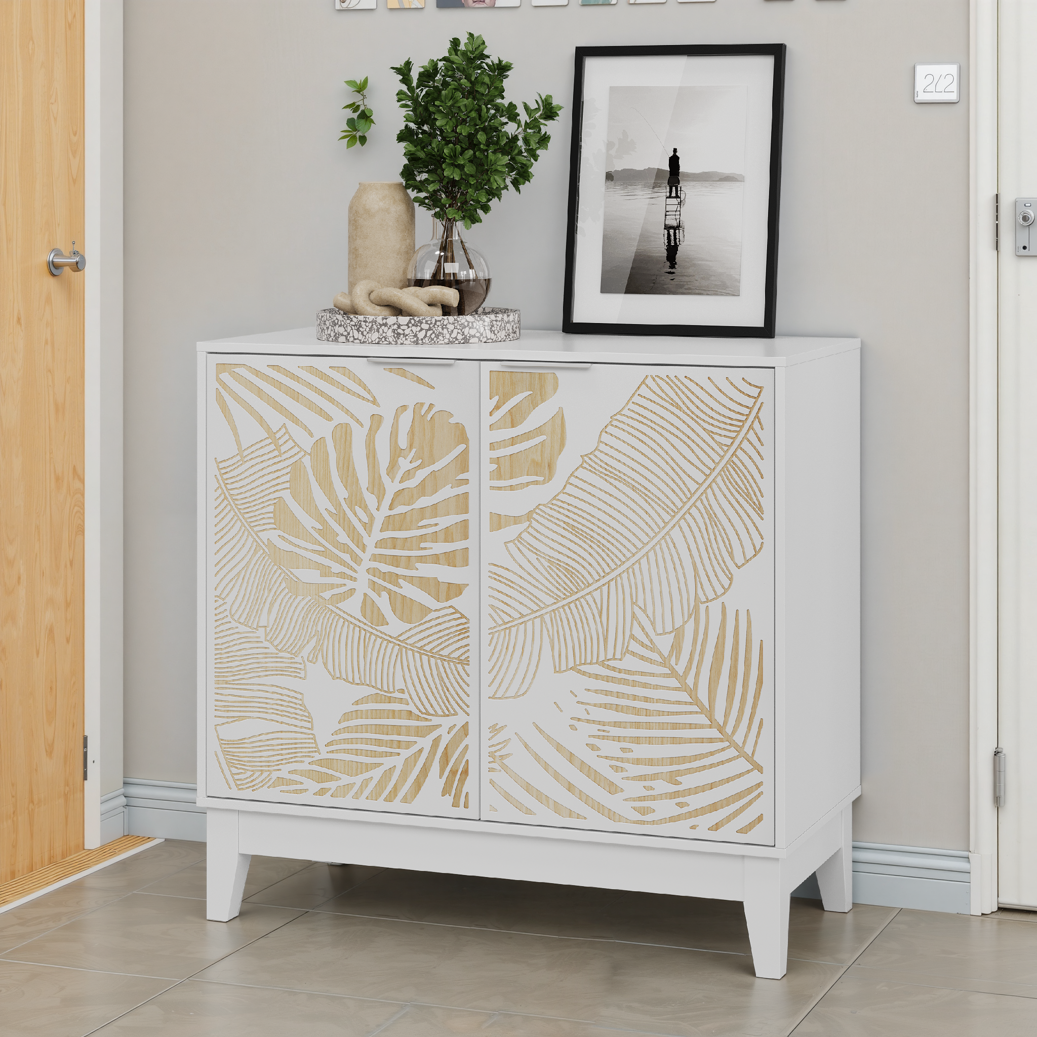 Logidon 80 cm vintage buffetkast wit met houtsnijwerk 2 deuren