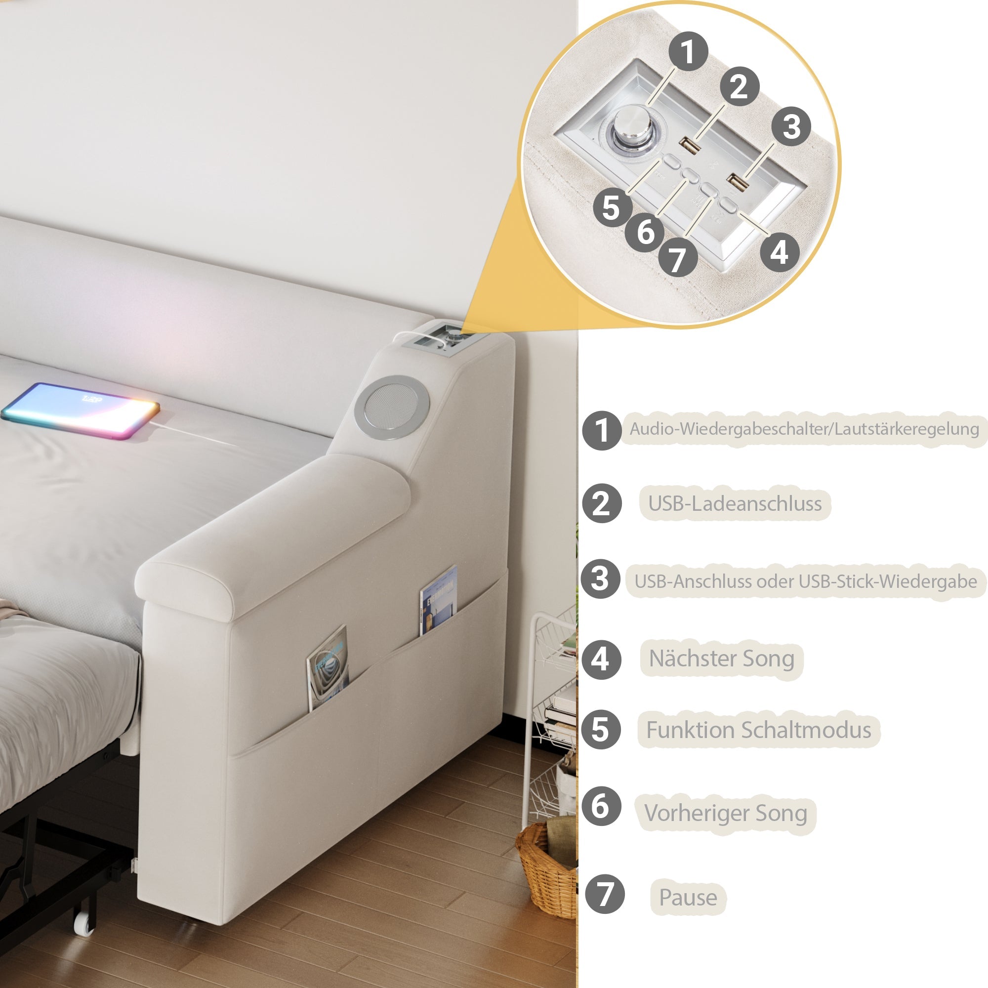 Logidon slaapbank gestoffeerd bed 90/180x190 beige fluweel Bluetooth