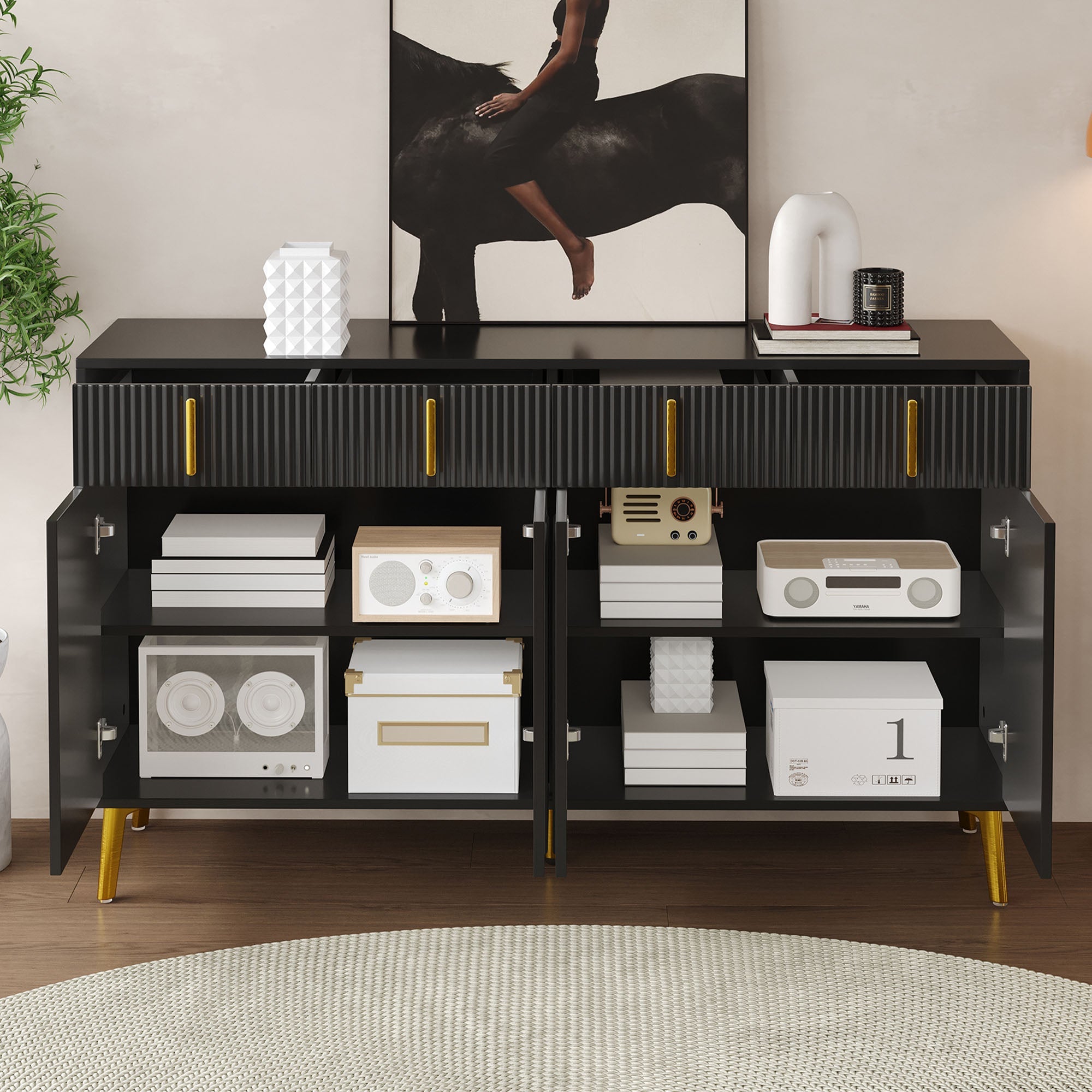 Logidon Dressoir Zwart met Gouden Handgrepen en Poten 140x37,8x82