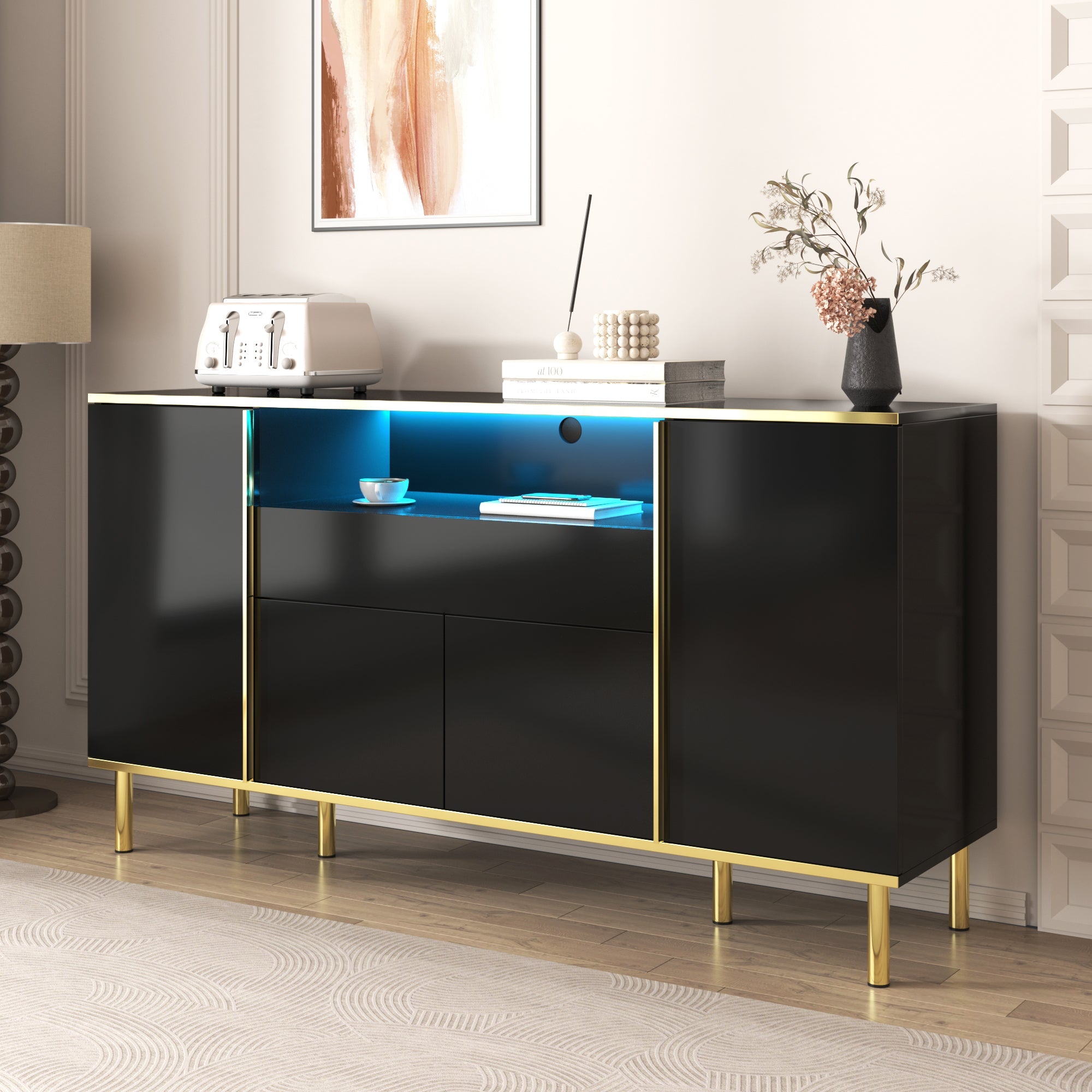 Logidon high-gloss sideboard black 150x40x80 with LED accents