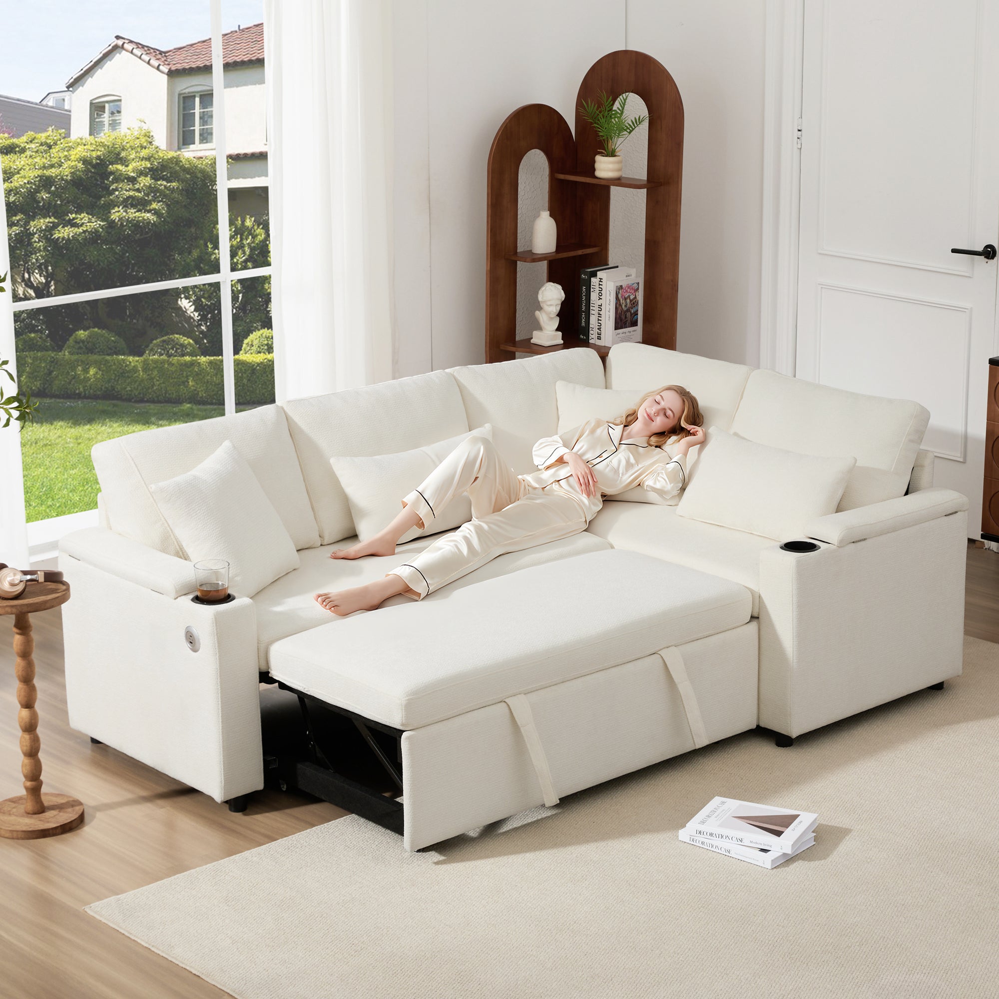 Logidon L-vorm hoekbank beige slaapbank opbergruimte USB-oplaadpoort