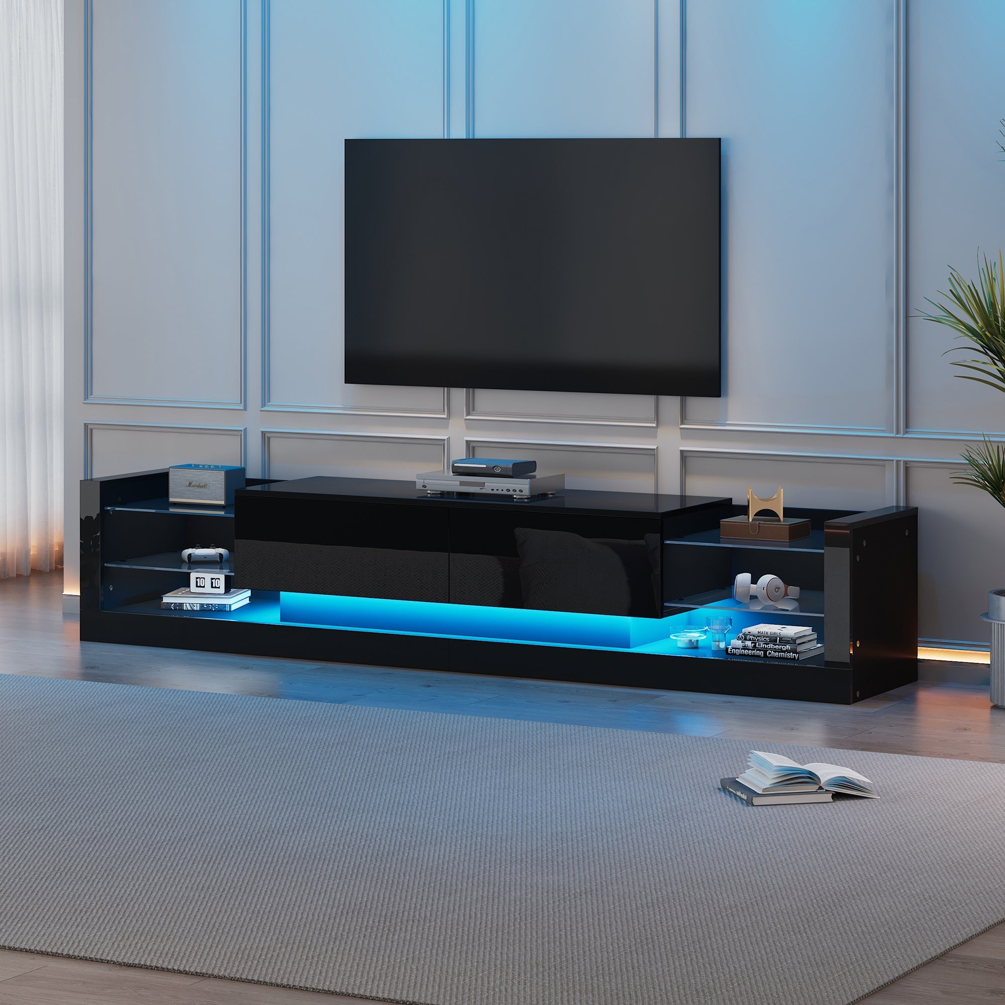 Logidon high-gloss TV cabinet 181 cm LED lighting black glass front